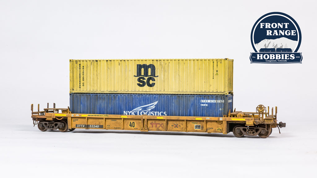 HO Scale Thrall Rebuilt 40' Well Car - Ready to Run -- TTX DTTX #53240 (yellow, black, small red TTX and Next Road logo, yellow) 910-8410 (Weathered)