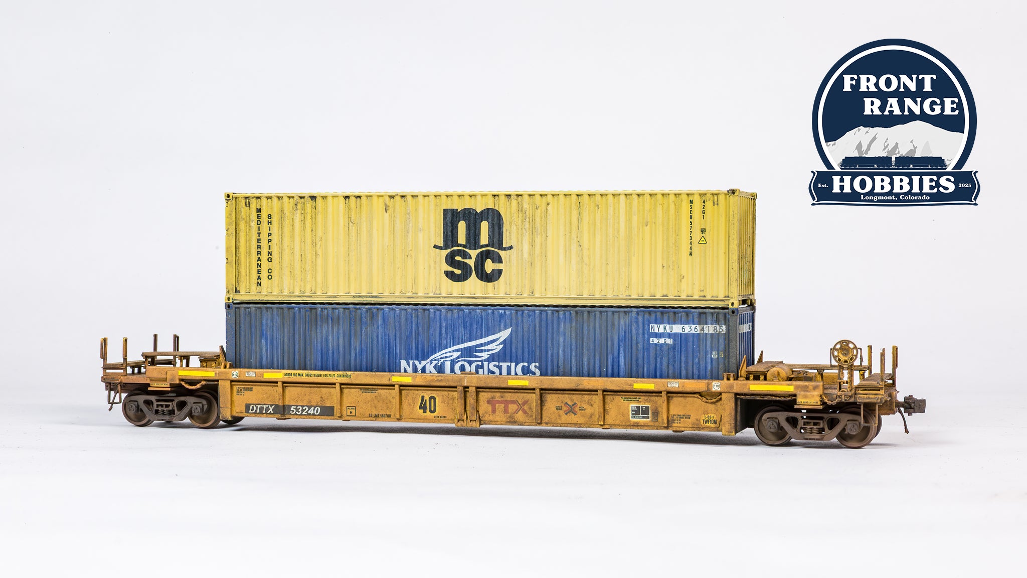 HO Scale Thrall Rebuilt 40' Well Car - Ready to Run -- TTX DTTX #53240 (yellow, black, small red TTX and Next Road logo, yellow) 910-8410 (Weathered)