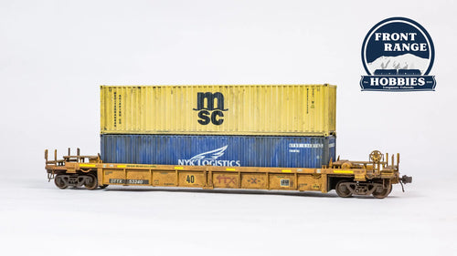 HO Scale Thrall Rebuilt 40' Well Car - Ready to Run -- TTX DTTX #53240 (yellow, black, small red TTX and Next Road logo, yellow) 910-8410 (Weathered) Front Range Hobbies