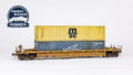 HO Scale Thrall Rebuilt 40' Well Car - Ready to Run -- TTX DTTX #53240 (yellow, black, small red TTX and Next Road logo, yellow) 910-8410 (Weathered)