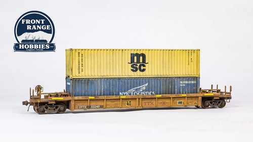HO Scale Thrall Rebuilt 40' Well Car - Ready to Run -- TTX DTTX #53240 (yellow, black, small red TTX and Next Road logo, yellow) 910-8410 (Weathered) Front Range Hobbies