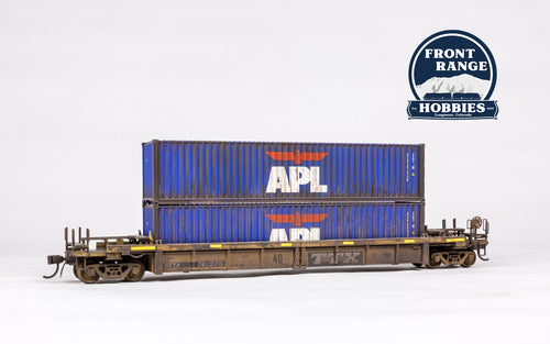 HO Scale hrall Rebuilt 40' Well Car - Ready to Run -- TTX DTTX #747375 - large black & white TTX logo w/yellow conspicuity stripes (Weathered)