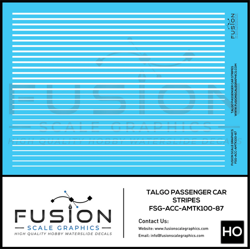 HO Scale Talgo Passenger Cars White Striping Decal Set Fusion Scale Graphics