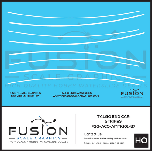 HO Scale Talgo Passenger Cars End White Striping Decal Set Fusion Scale Graphics