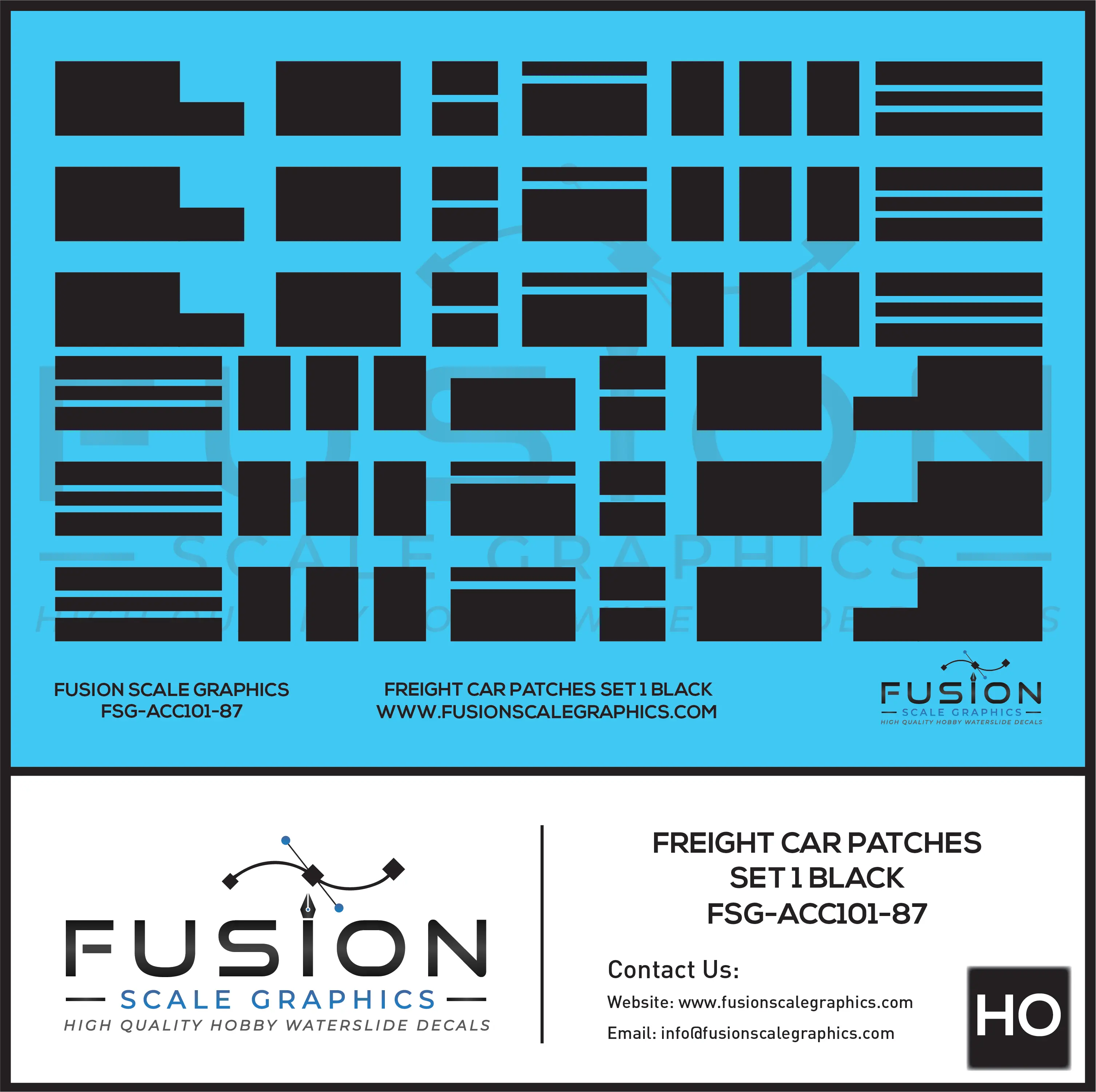 HO Scale Freight Car Patches Set 1 Black Decal Set Fusion Scale Graphics