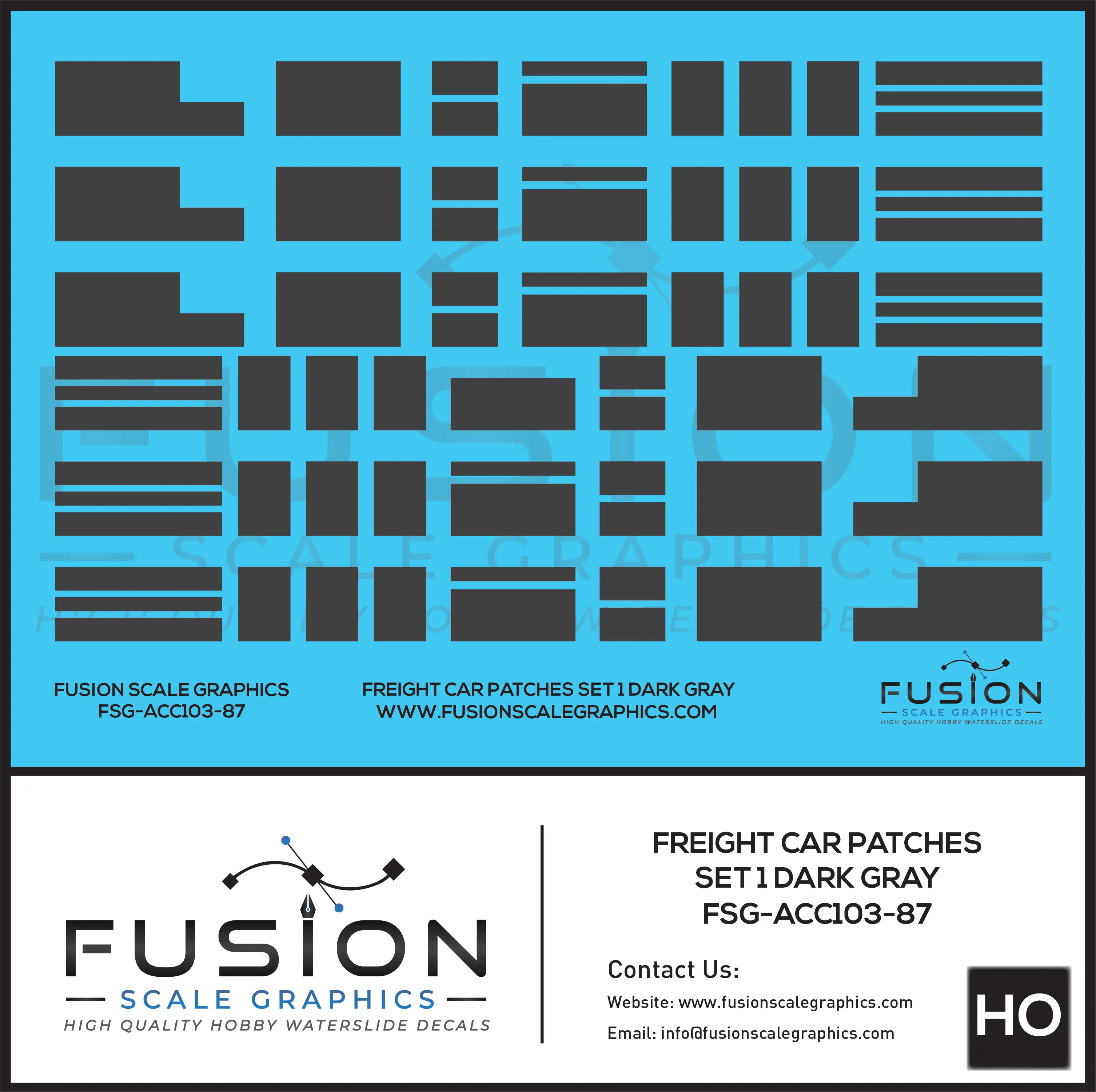 HO Scale Freight Car Patches Set 1 Dark Gray Decal Set Fusion Scale Graphics