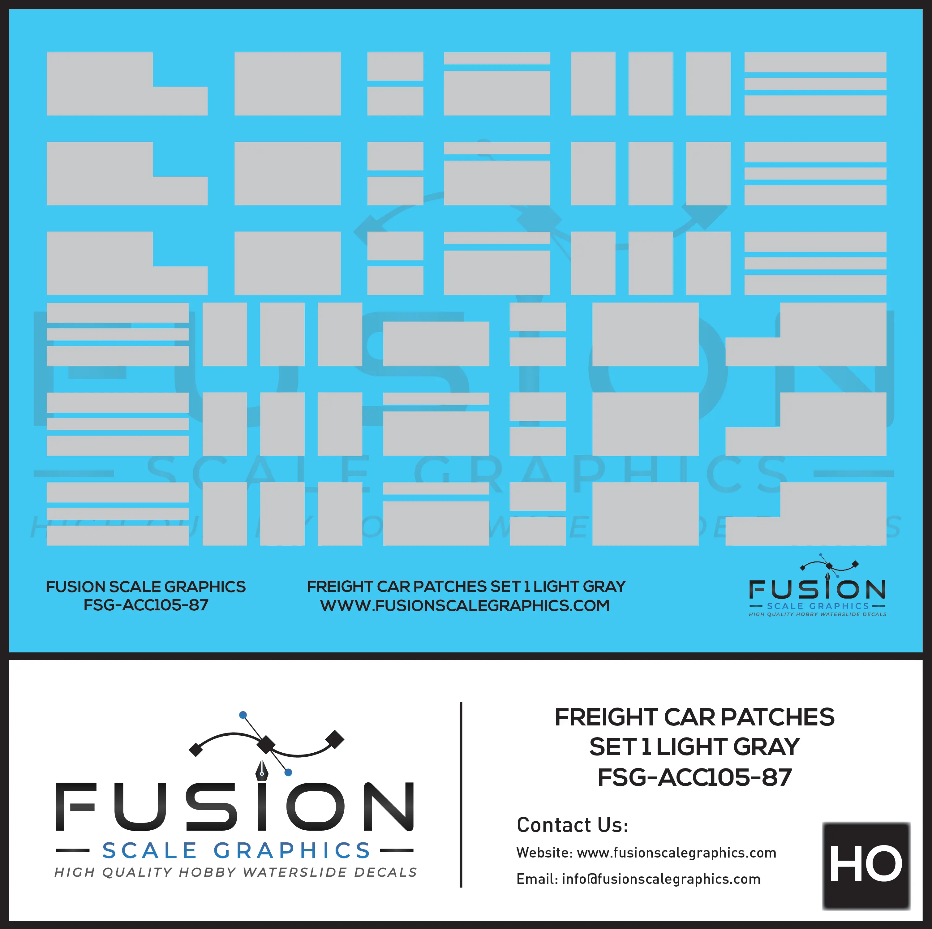 HO Scale Freight Car Patches Set 1 Light Gray Decal Set Fusion Scale Graphics