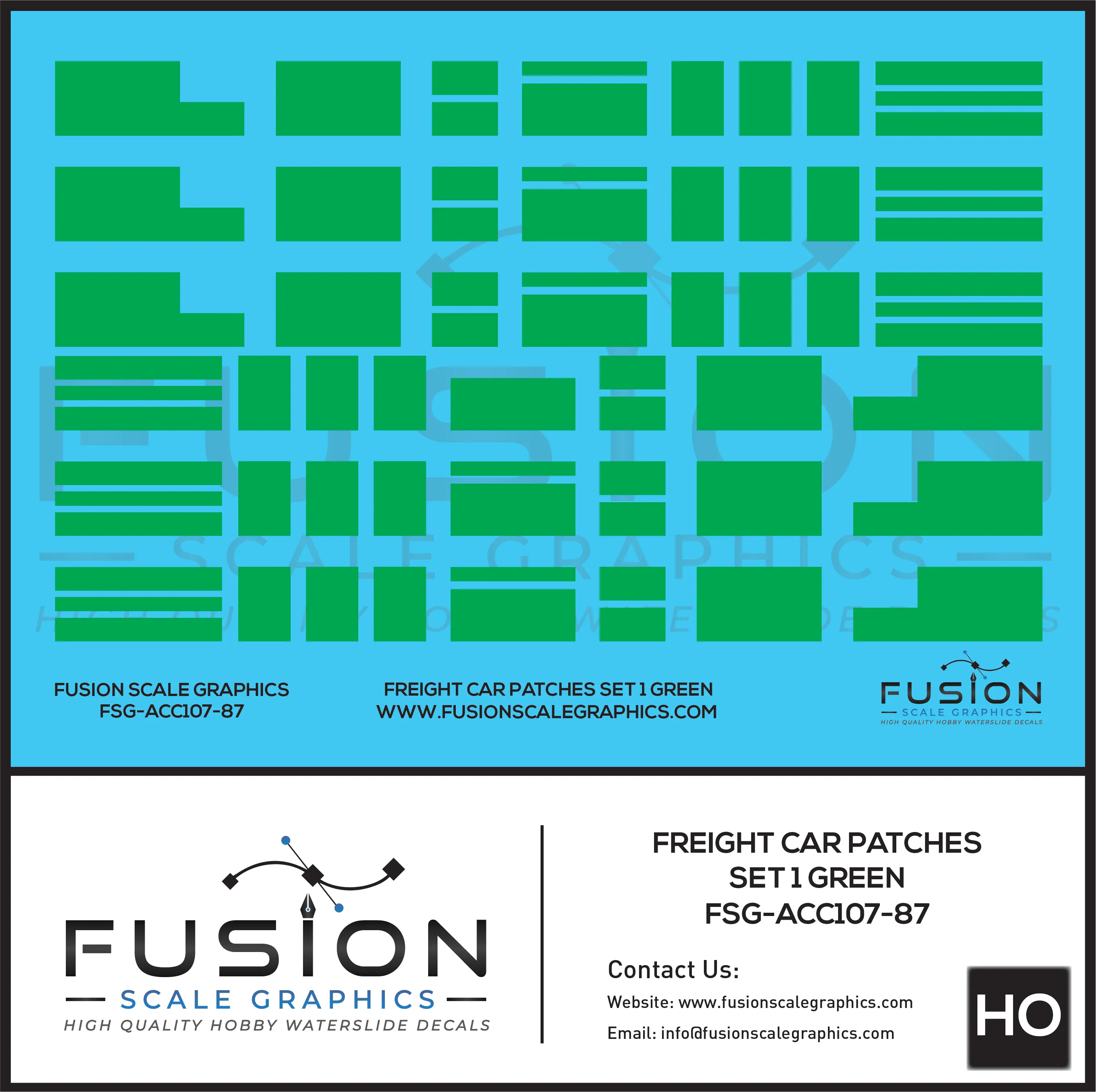 HO Scale Freight Car Patches Set 1 Green Decal Set Fusion Scale Graphics