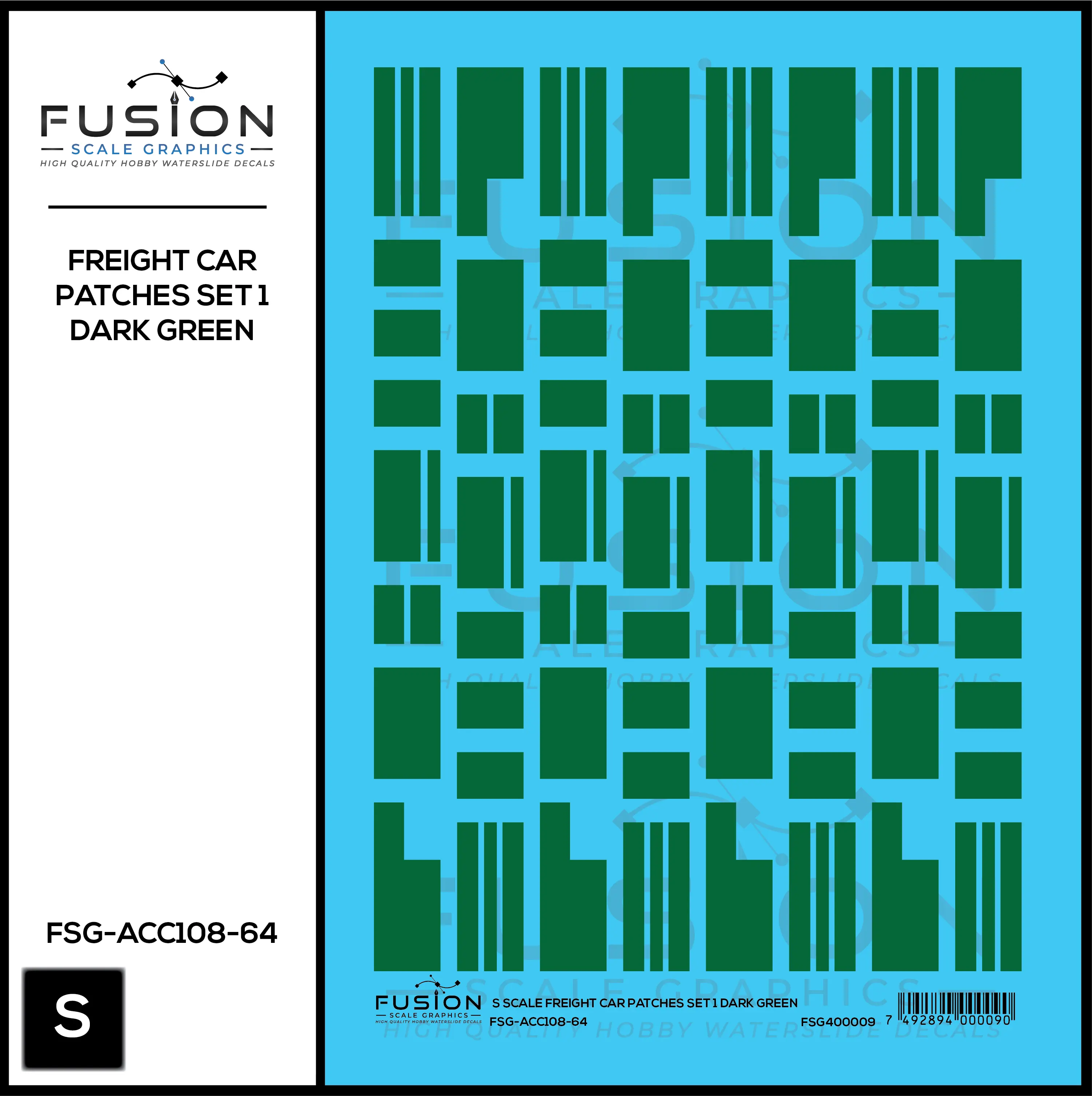 S Scale Freight Car Patches Set 1 Dark Green Decal Set Fusion Scale Graphics