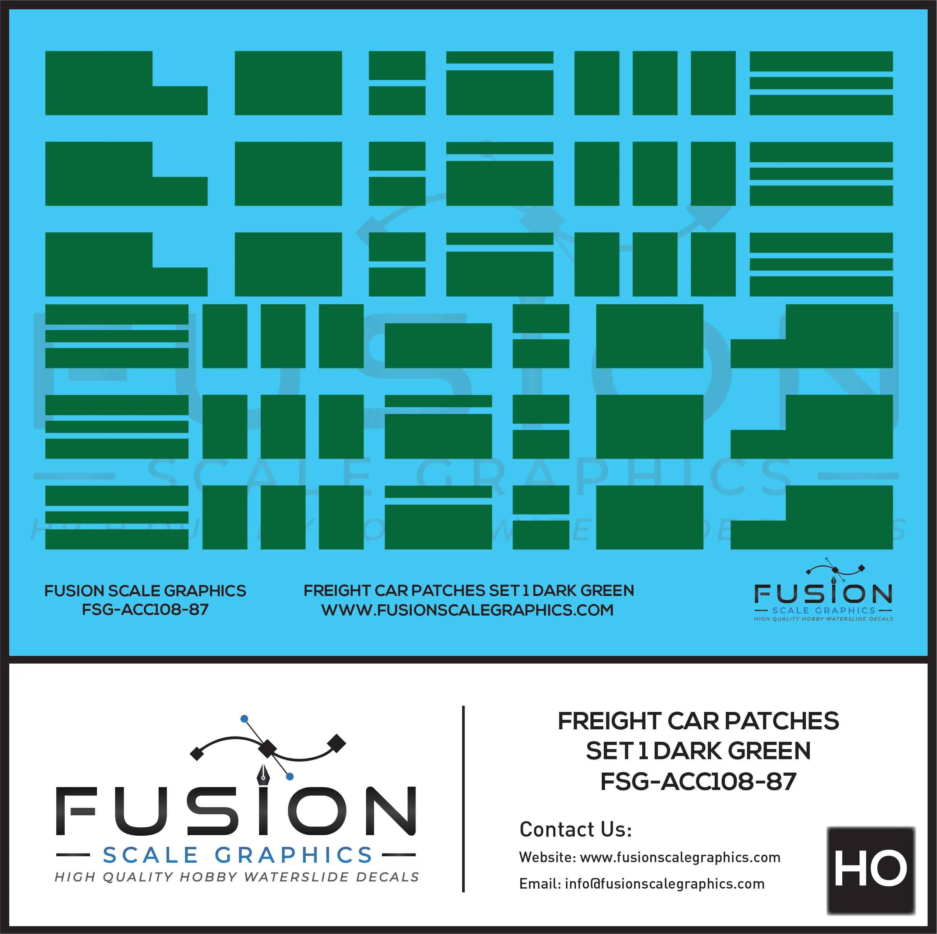 HO Scale Freight Car Patches Set 1 Dark Green Decal Set Fusion Scale Graphics