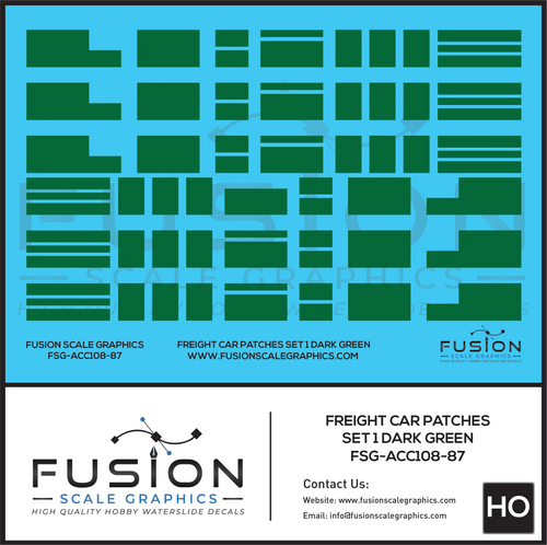 HO Scale Freight Car Patches Set 1 Dark Green Decal Set Fusion Scale Graphics