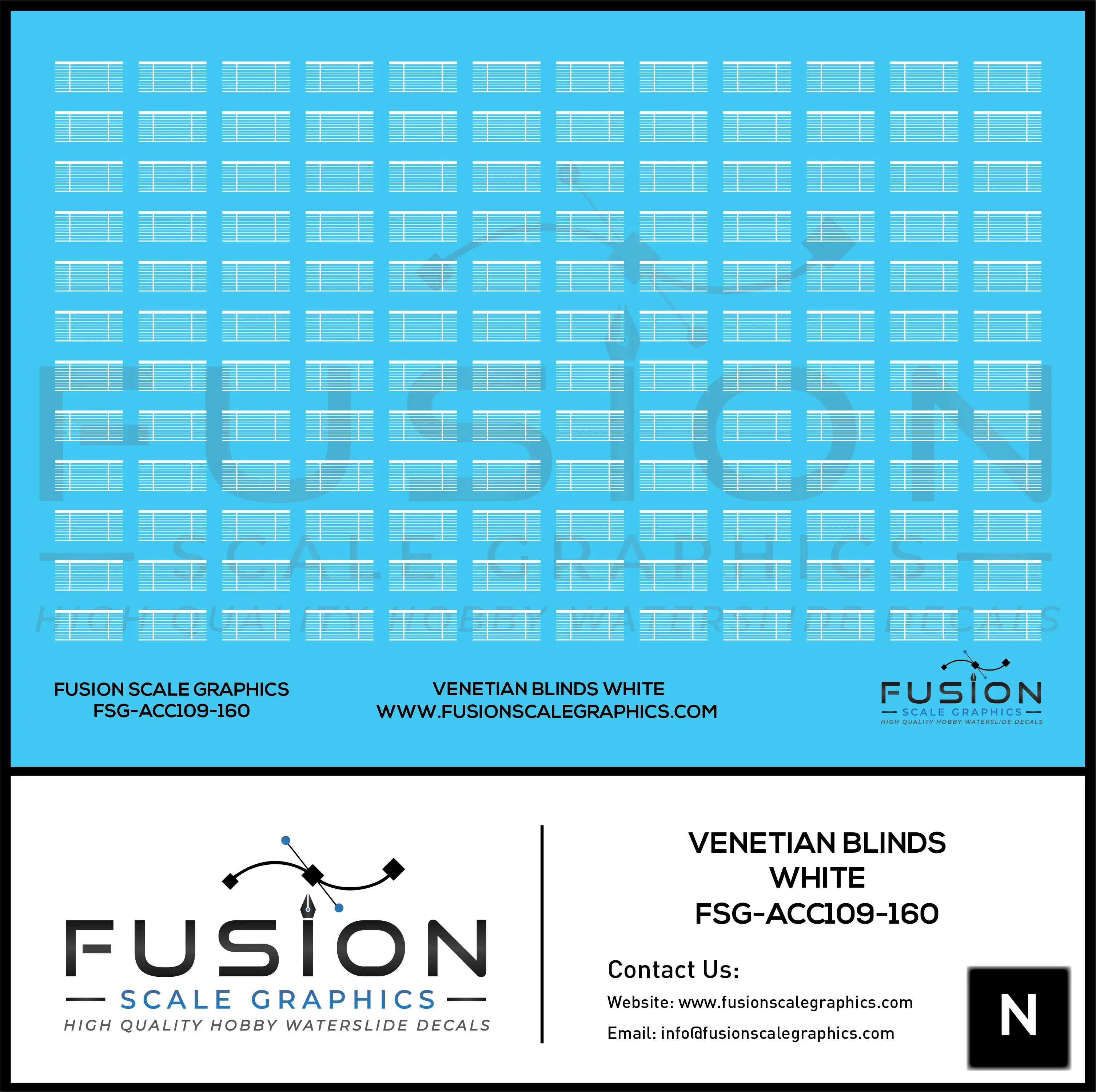 N Scale White Venetian Blinds for Passenger Cars Decal Set Fusion Scale Graphics