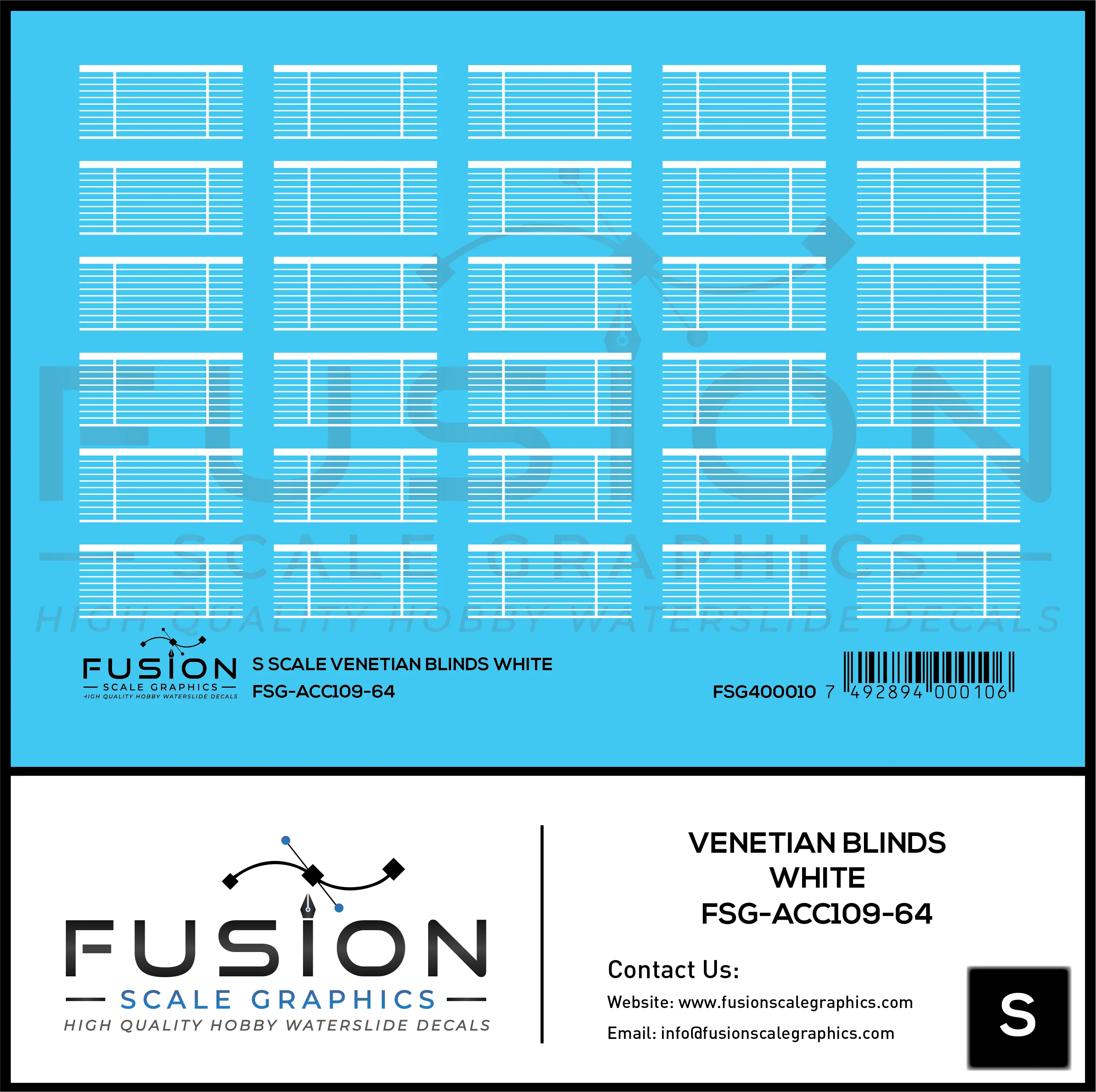 S Scale White Venetian Blinds For Passenger Cars Decal Set Fusion Scale Graphics