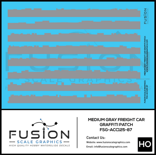 HO Scale Medium Gray Freight Car Graffiti Paint Patch Out Decal Set Fusion Scale Graphics