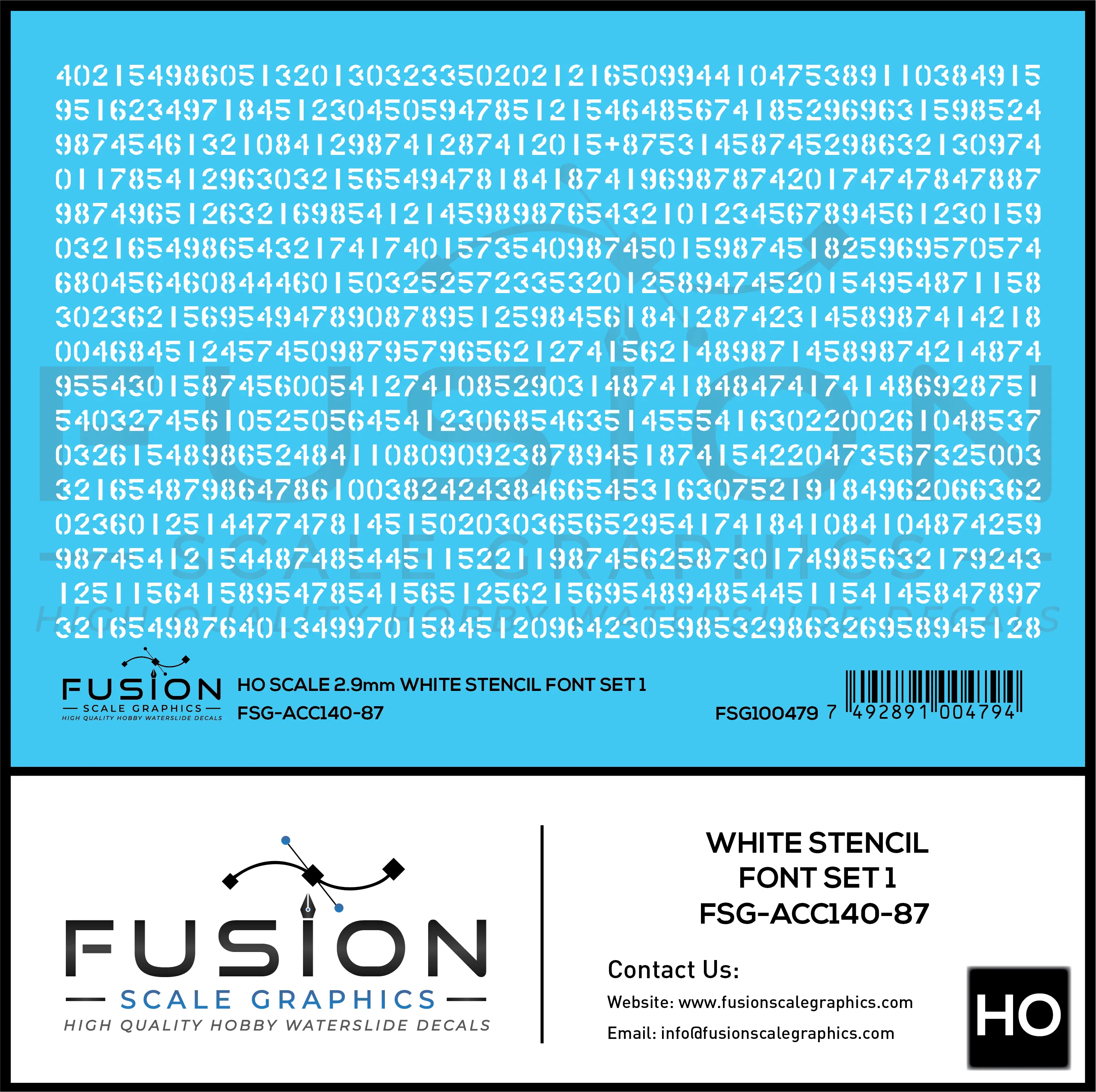 HO Scale White Stencil Numbers Font 1 2.9mm Tall Decal Set Fusion Scale Graphics