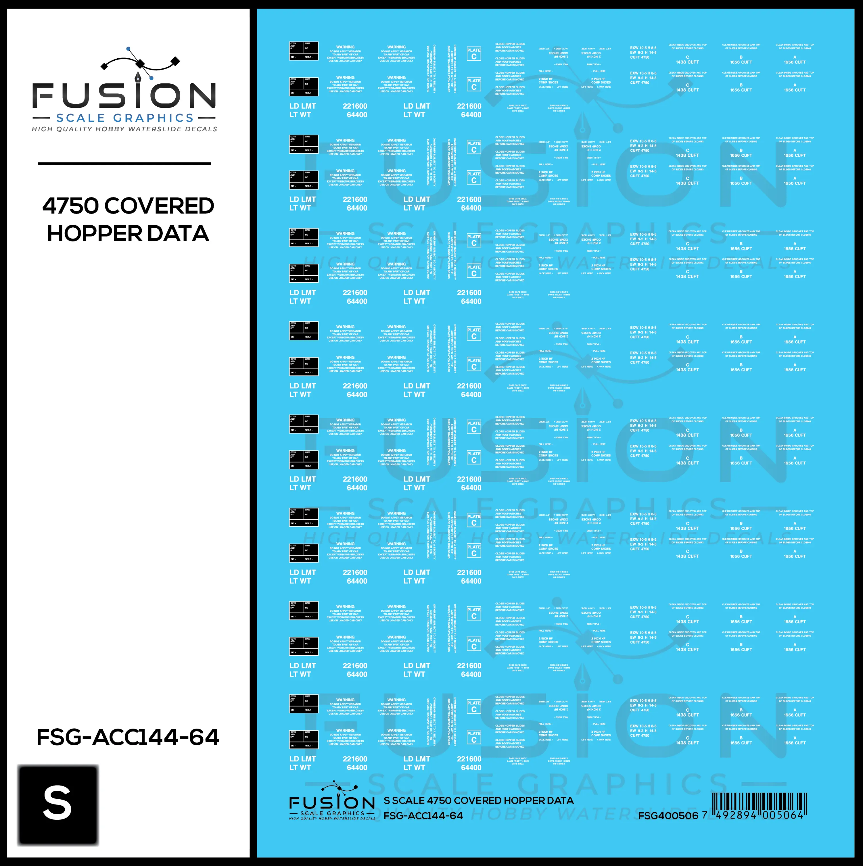 S Scale 4750 Covered Hopper Data Decal Set Fusion Scale Graphics