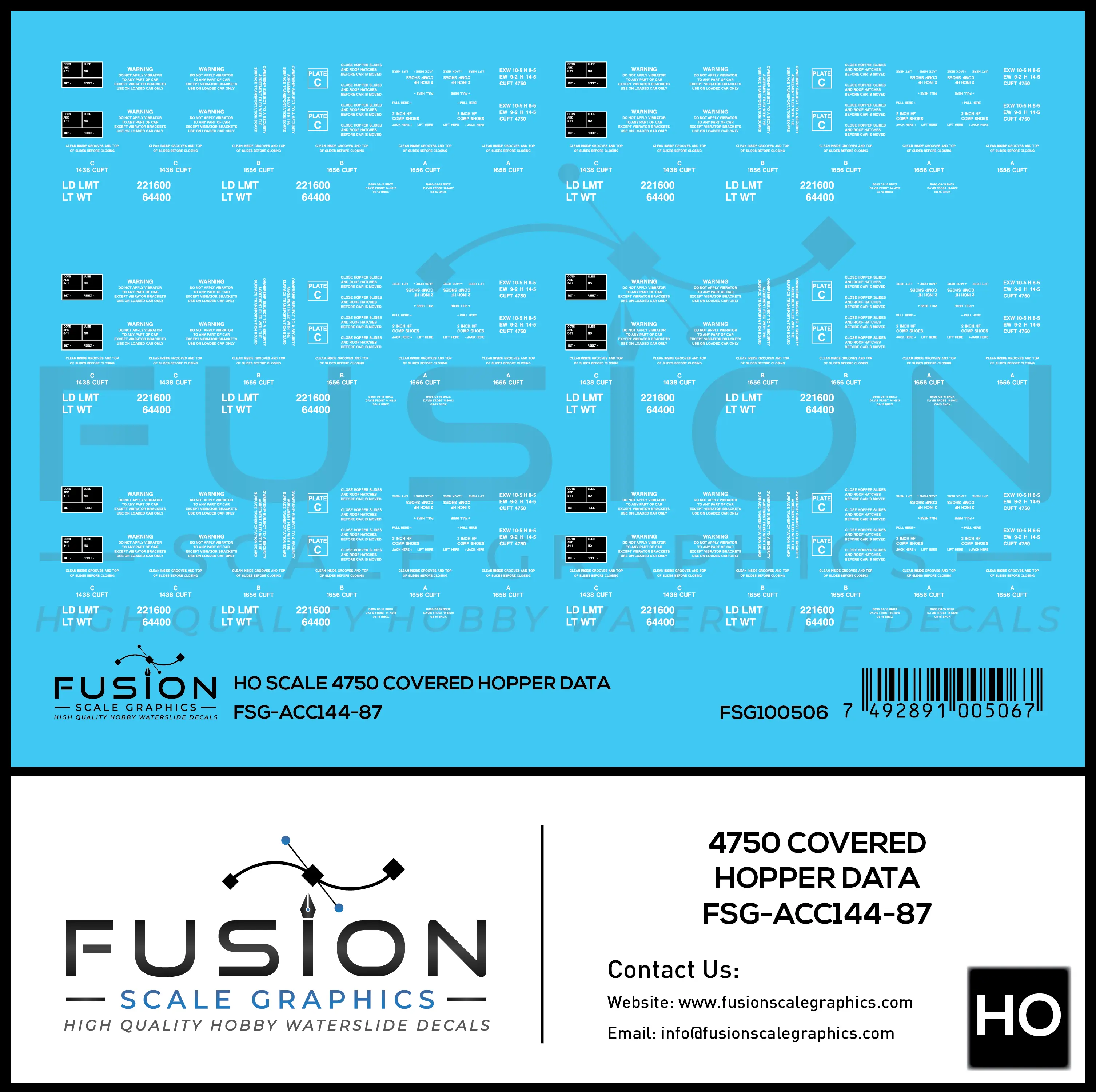 HO Scale 4750 Covered Hopper Data Decal Set Fusion Scale Graphics