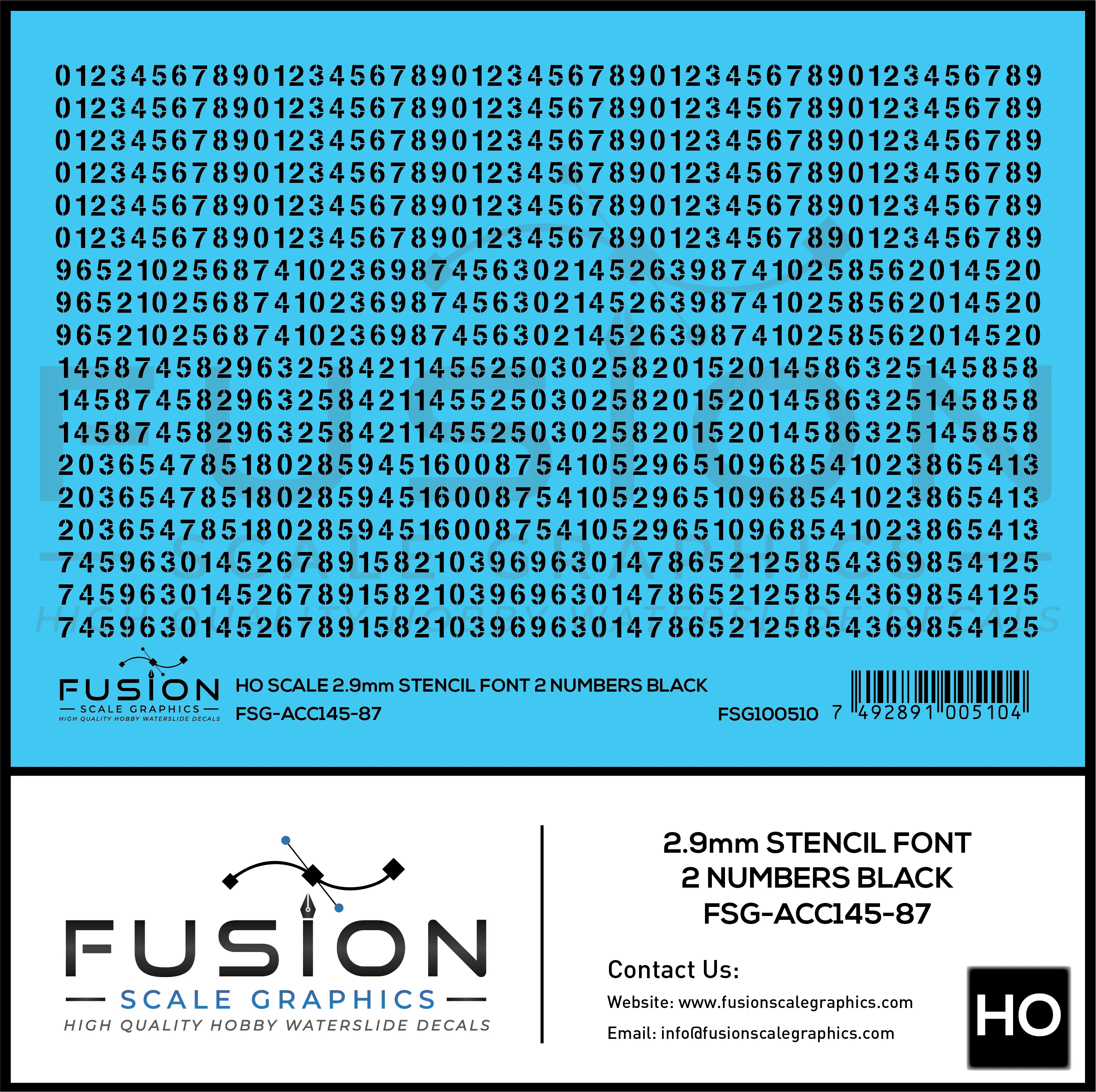 HO Scale 2.9mm Black Stencil Numbers Font 2 Decal Set Fusion Scale Graphics