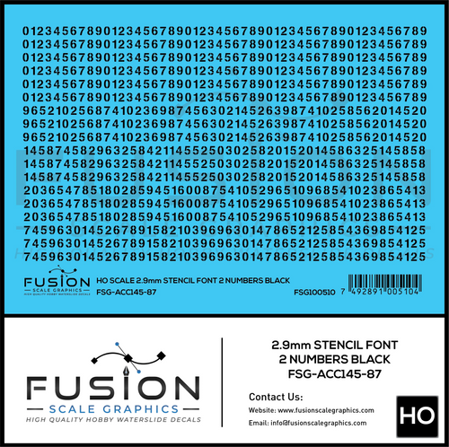 HO Scale 2.9mm Black Stencil Numbers Font 2 Decal Set Fusion Scale Graphics