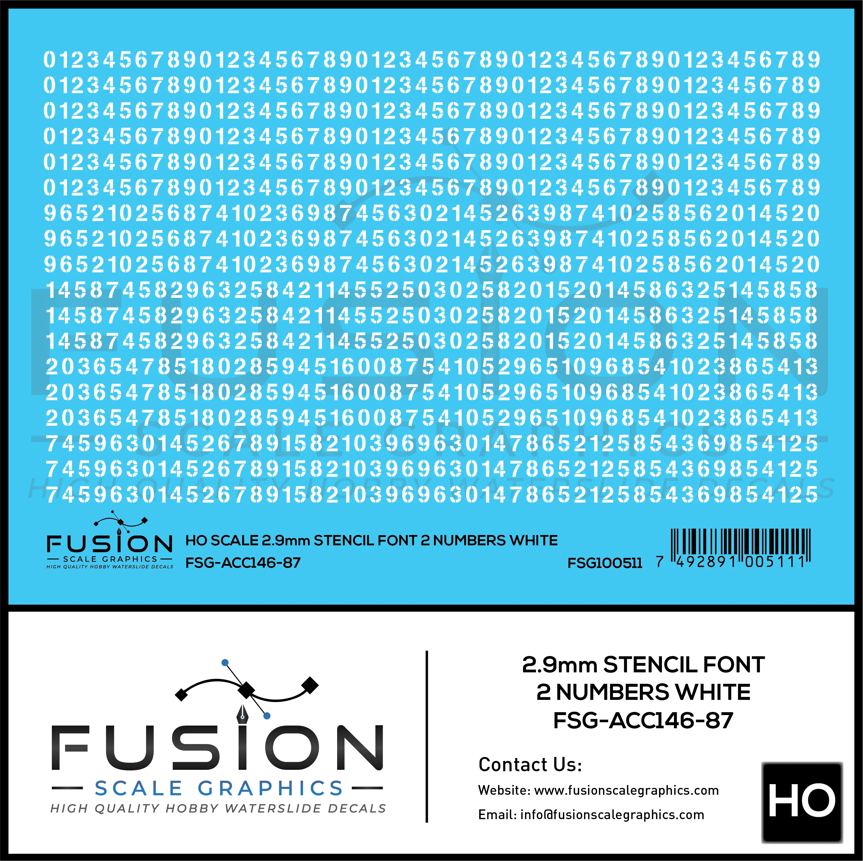 HO Scale 2.9mm White Stencil Numbers Font 2 Decal Set Fusion Scale Graphics