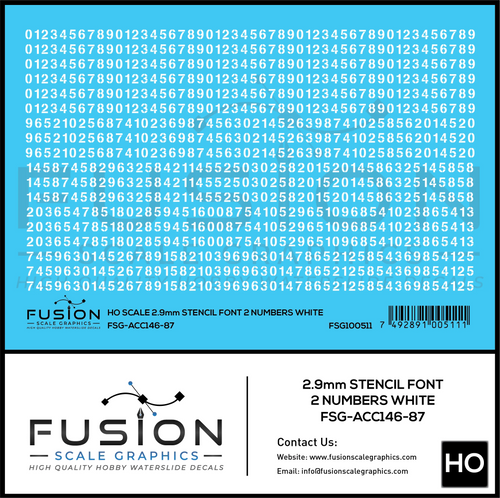 HO Scale 2.9mm White Stencil Numbers Font 2 Decal Set Fusion Scale Graphics