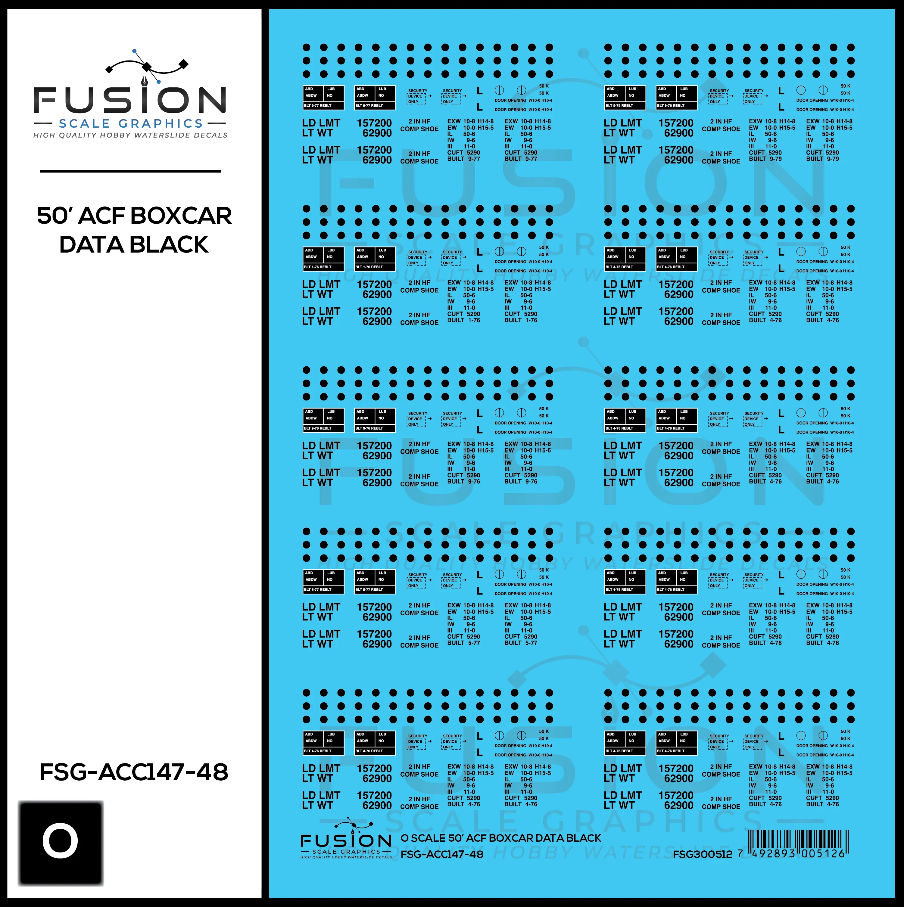 O Scale 50' ACF Boxcar Data Sheet Black Decal Set Fusion Scale Graphics