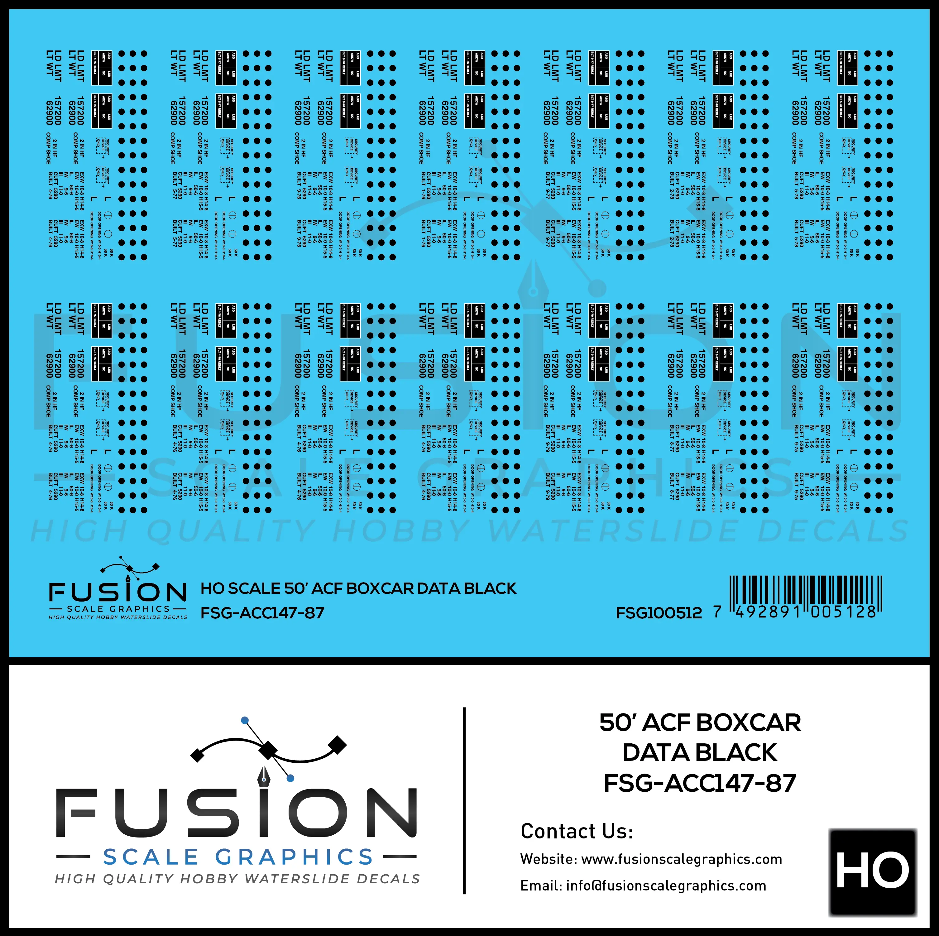 HO Scale 50' ACF Boxcar Data Sheet Black Decal Set Fusion Scale Graphics