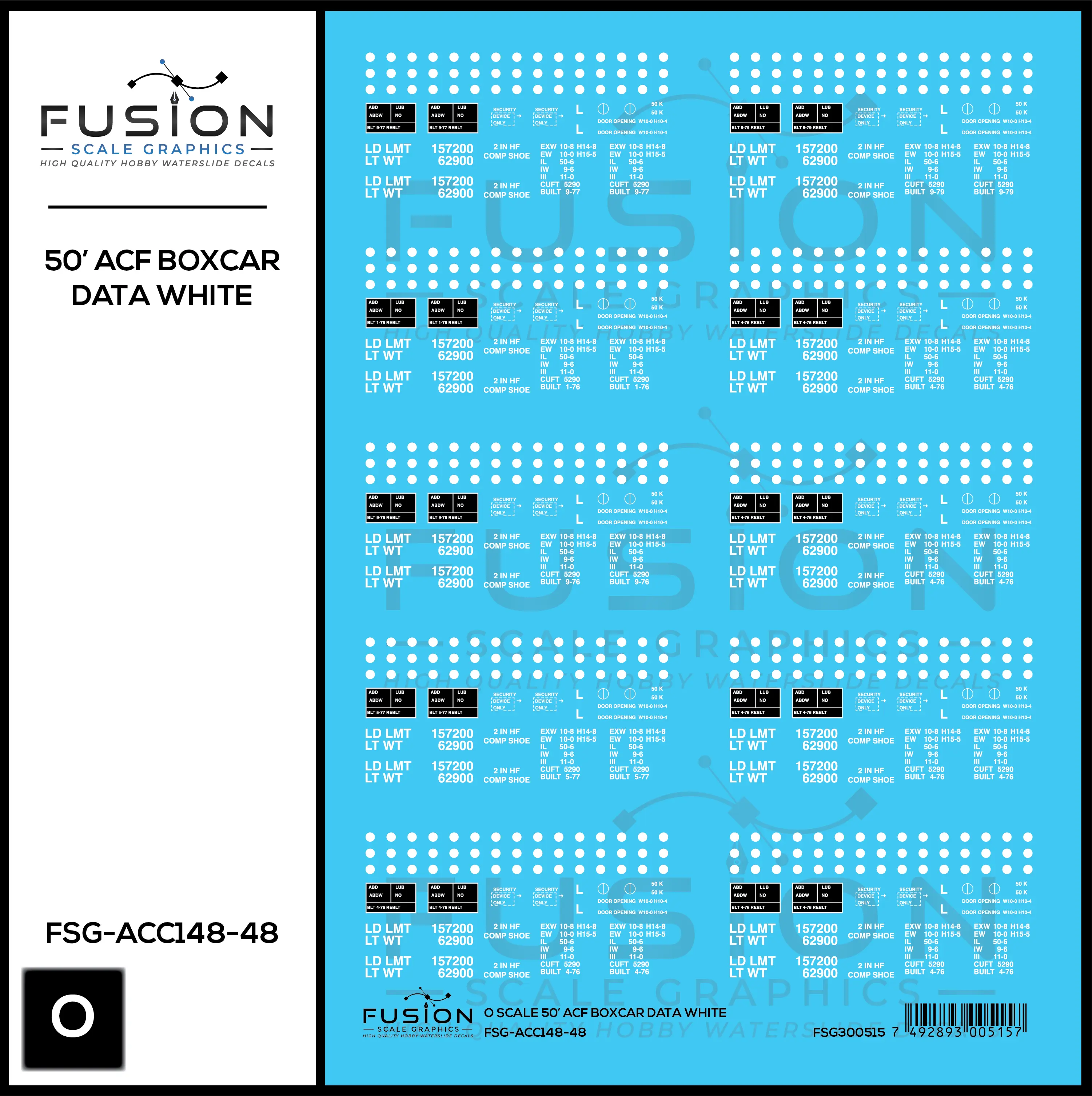 O Scale 50' ACF Boxcar Data Sheet White Decal Set Fusion Scale Graphics