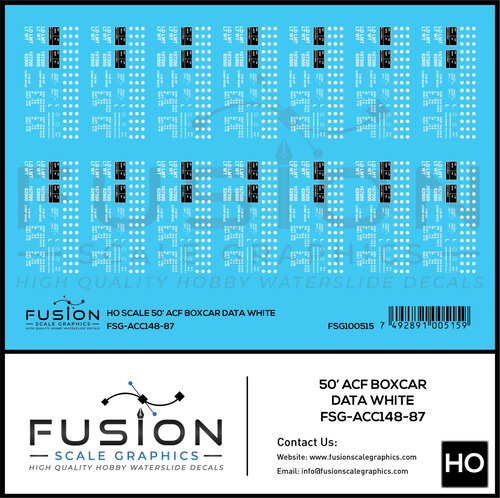 HO Scale 50' ACF Boxcar Data Sheet White Decal Set Fusion Scale Graphics