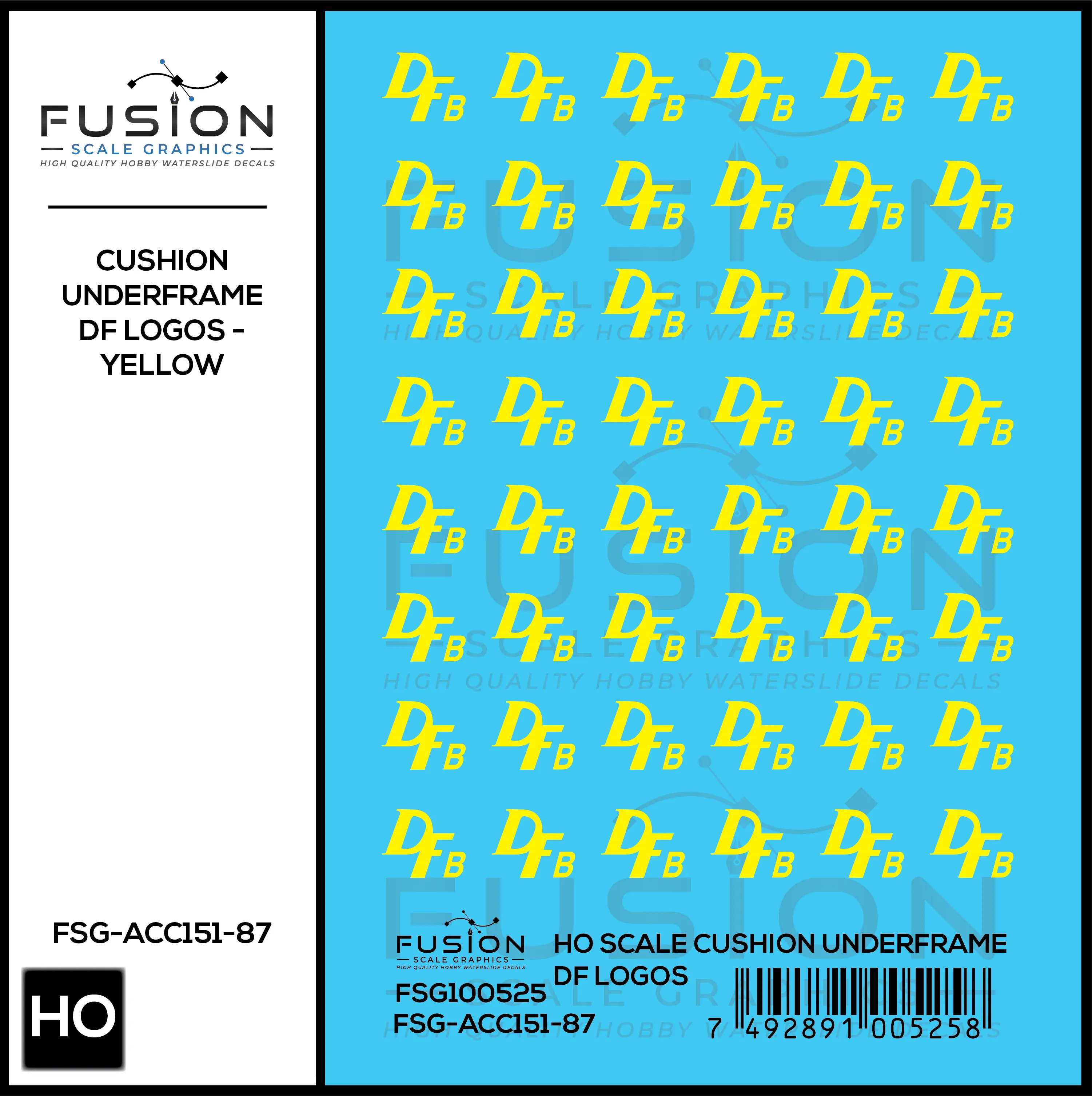 HO Scale Cushion Underframe Boxcar DF Logos - Yellow Decal Set Fusion Scale Graphics