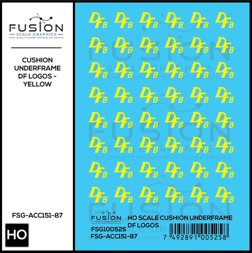 HO Scale Cushion Underframe Boxcar DF Logos - Yellow Decal Set Fusion Scale Graphics