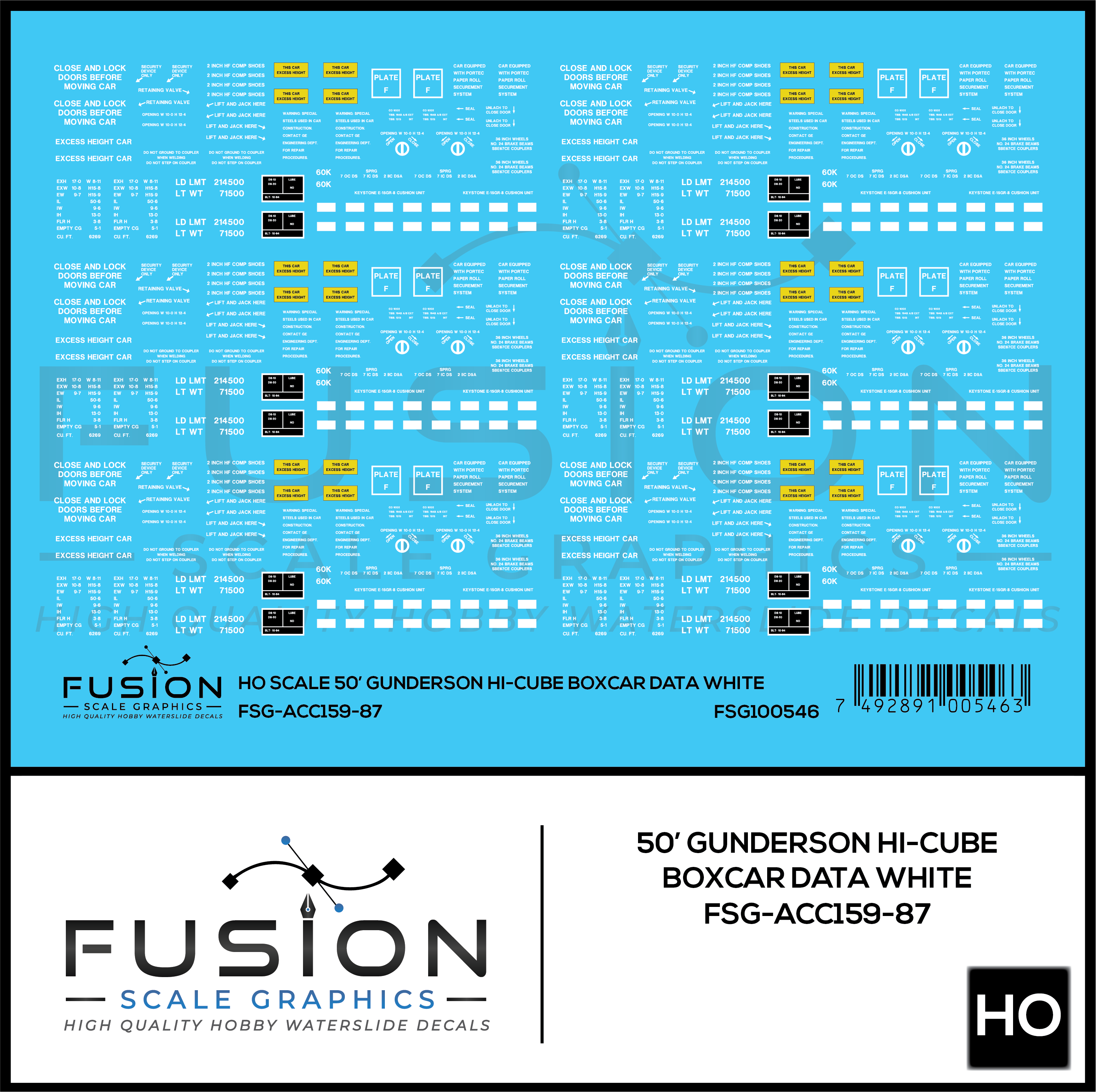 HO Scale Gunderson/Trenton Works 50' Hi-Cube White Boxcar Data Decal Set