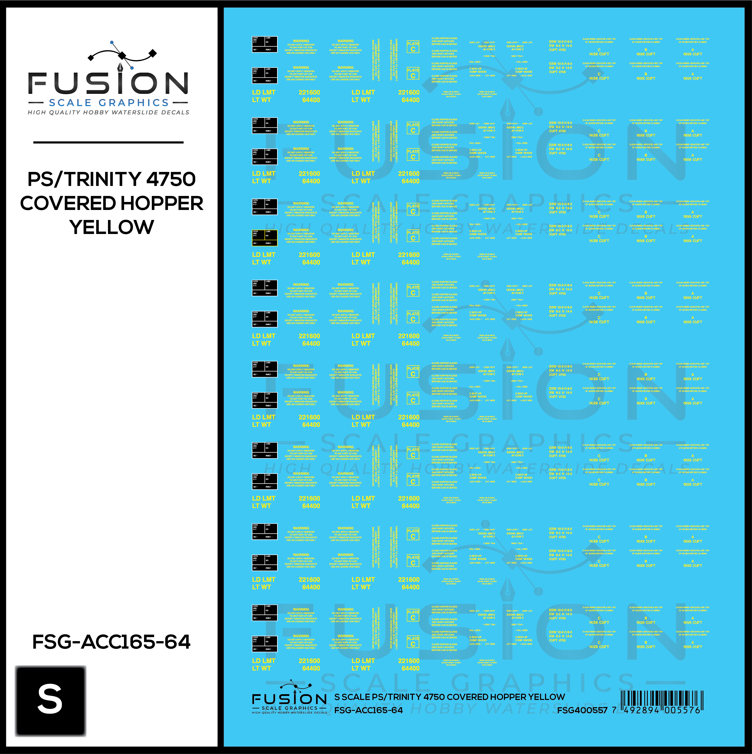 S Scale PS/Trinity 4750 Yellow Covered Hopper Data Decal Set