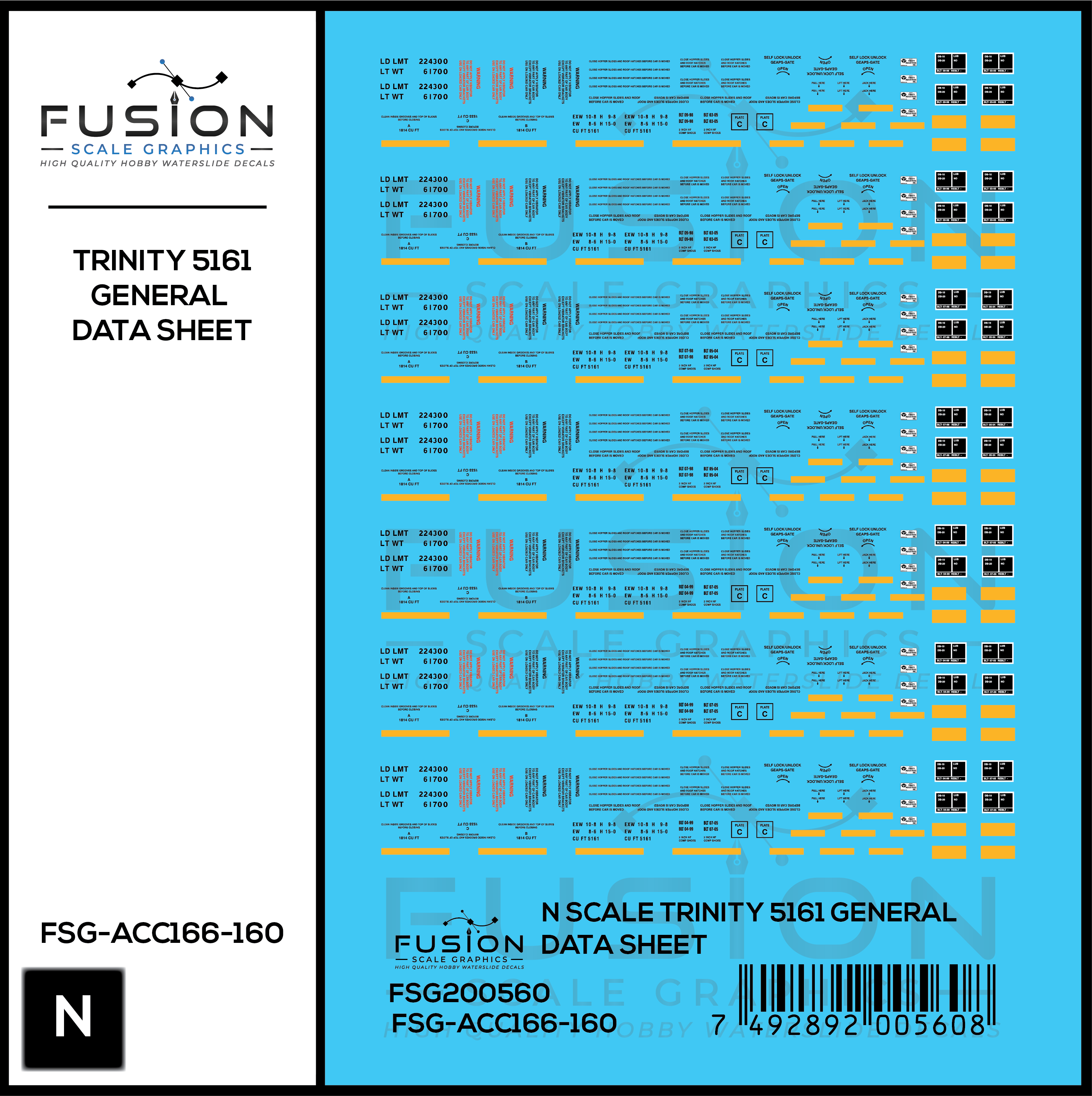 N Scale Trinity 5161 Cu. Ft. Covered Hopper General Data Decal Set