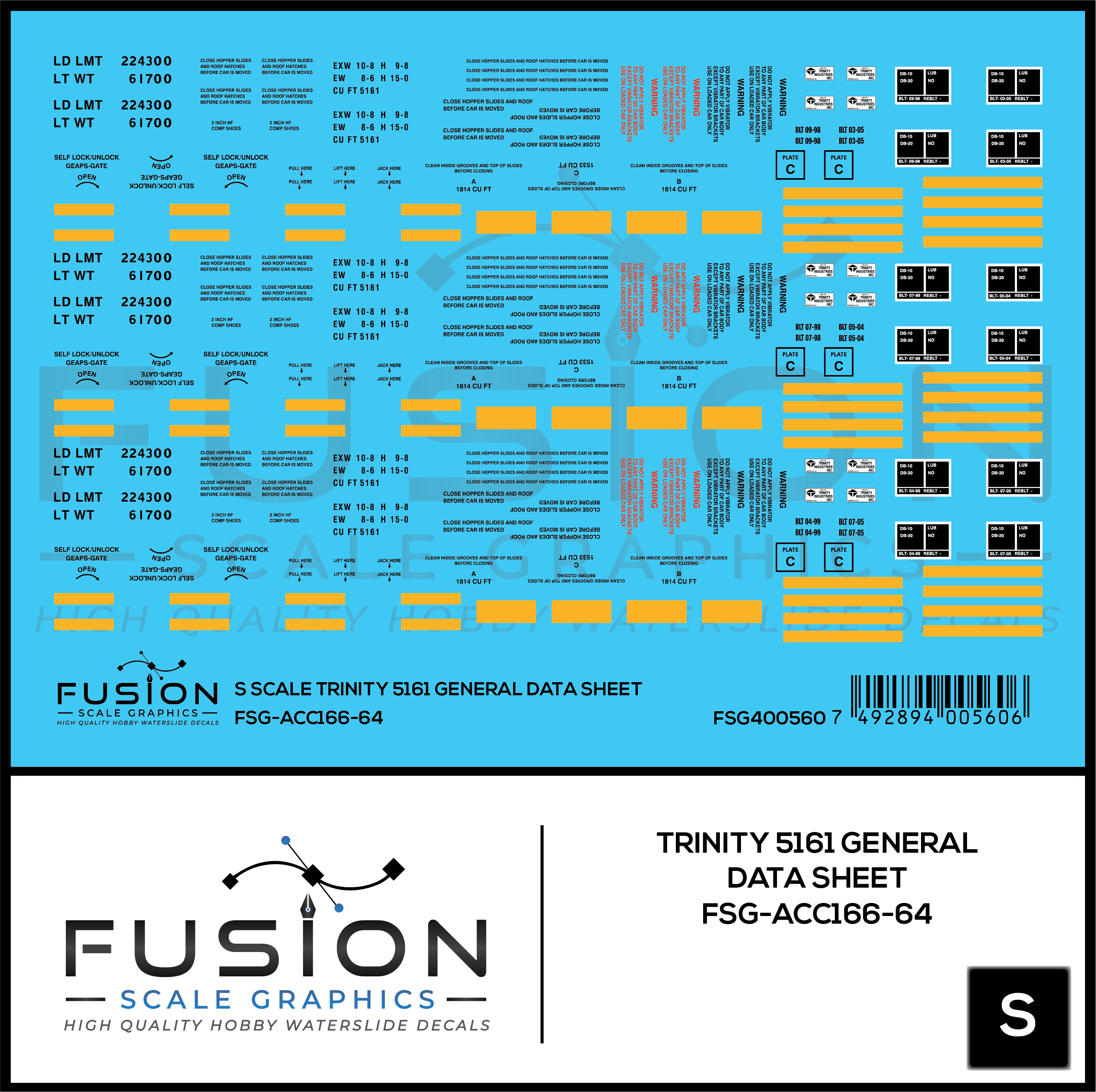 S Scale Trinity 5161 Cu. Ft. Covered Hopper General Data Decal Set
