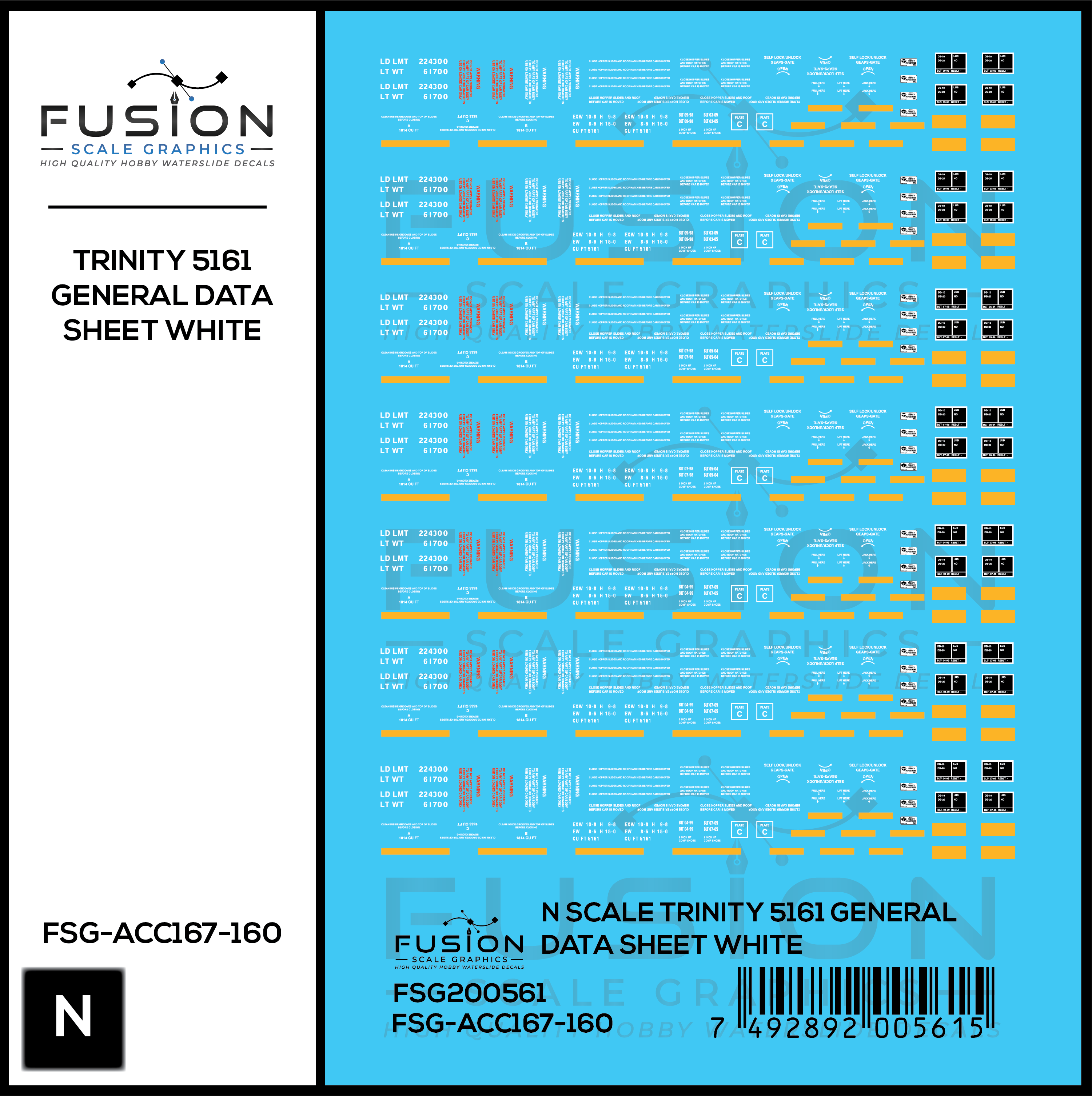 N Scale Trinity 5161 Cu. Ft. Covered Hopper White General Data Decal Set