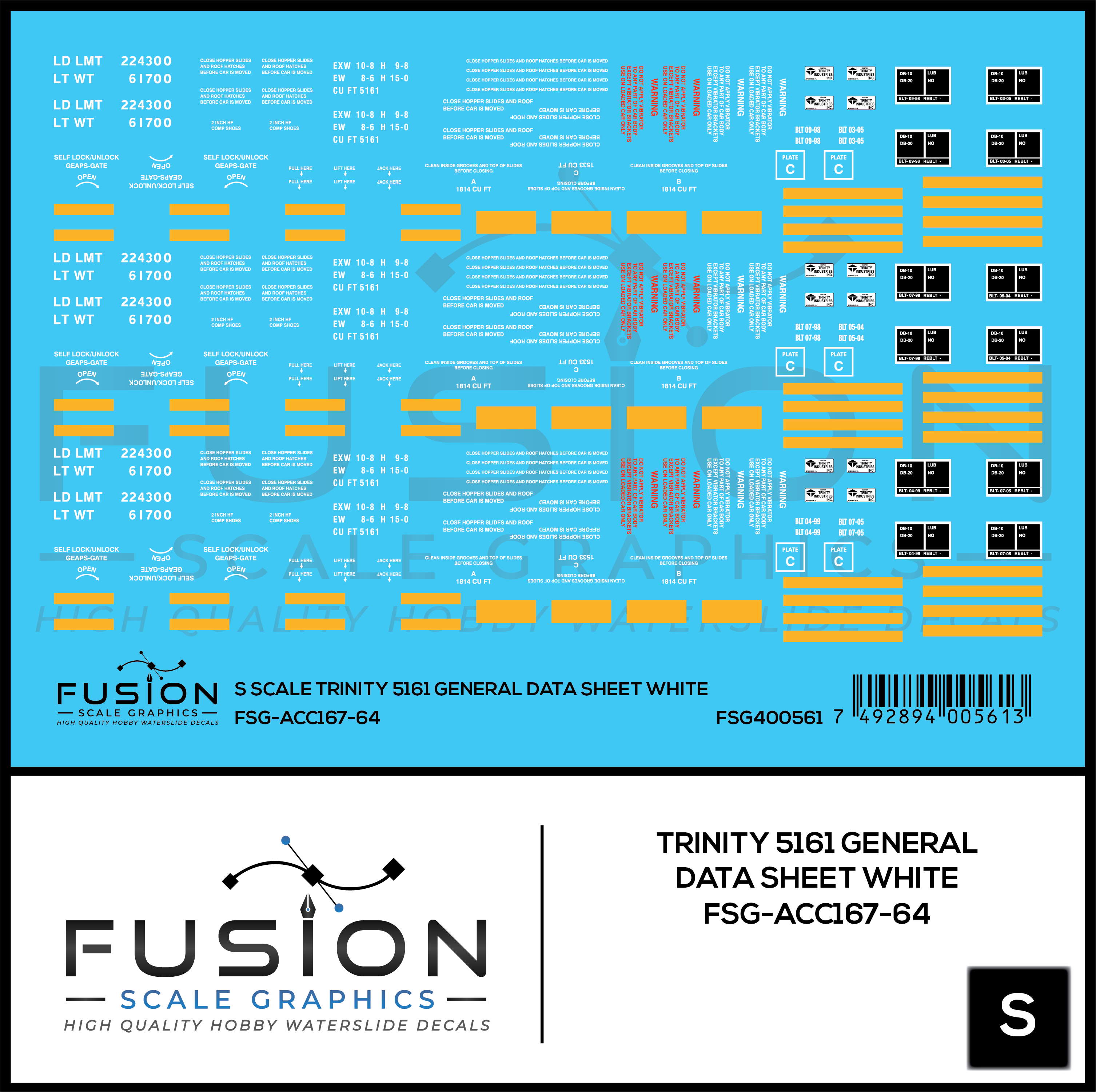 S Scale Trinity 5161 Cu. Ft. Covered Hopper White General Data Decal Set