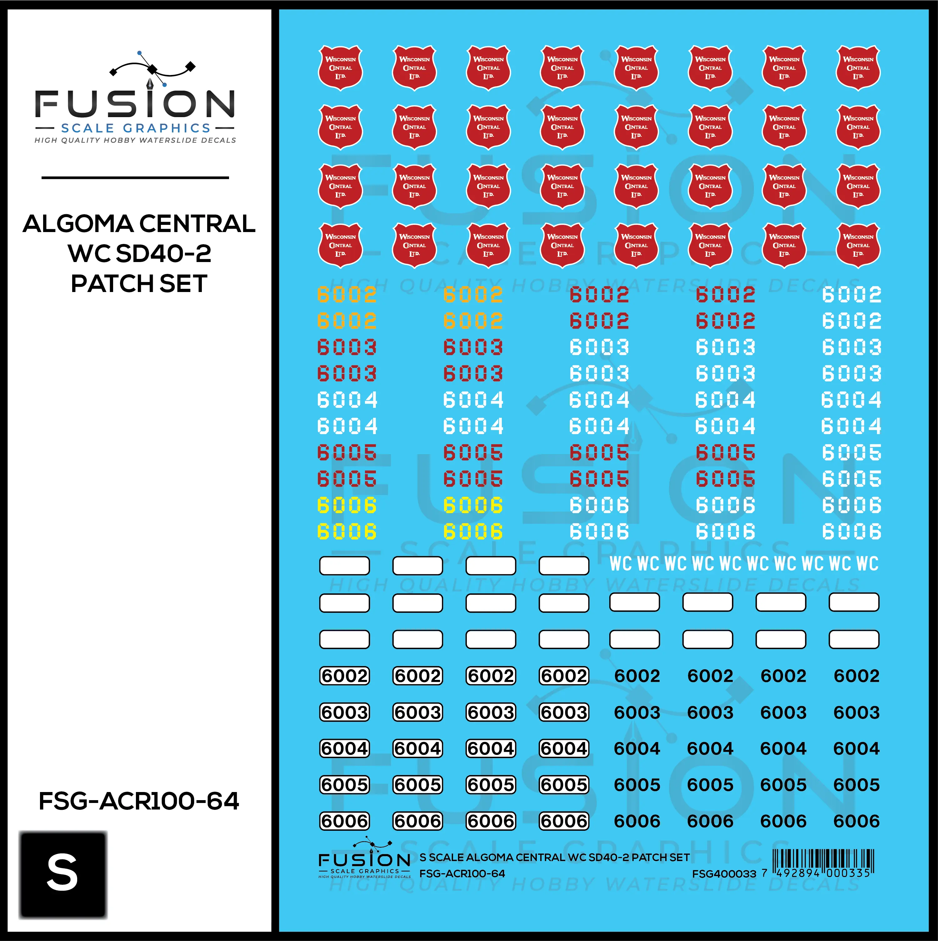 S Scale Wisconsin Central WC ex Algoma Central EMD SD40-2 Locomotive Stencil Patch Decal Set Fusion Scale Graphics