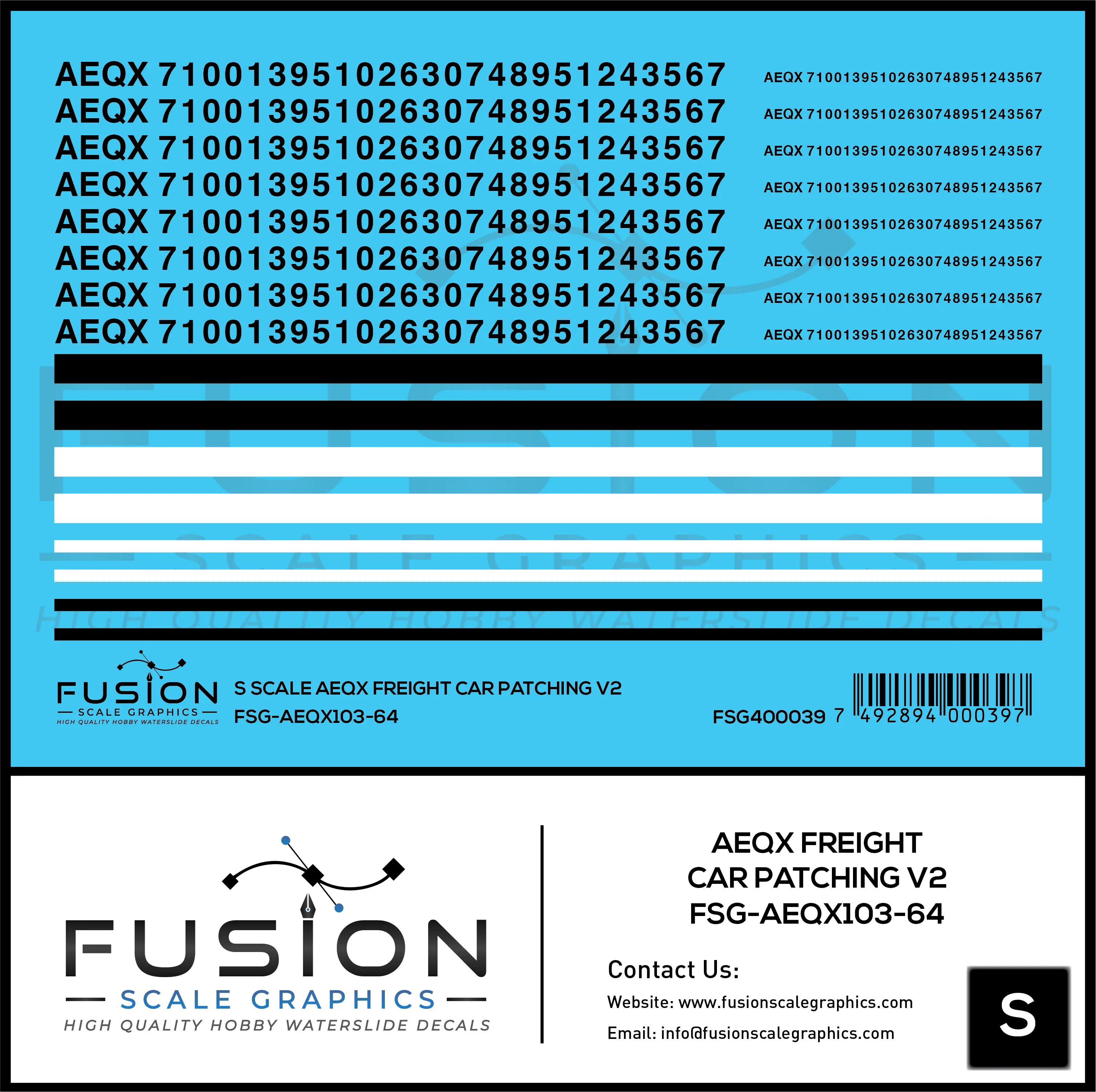 S Scale AEQX Black Freight Car Patching Decal Set V2 Fusion Scale Graphics