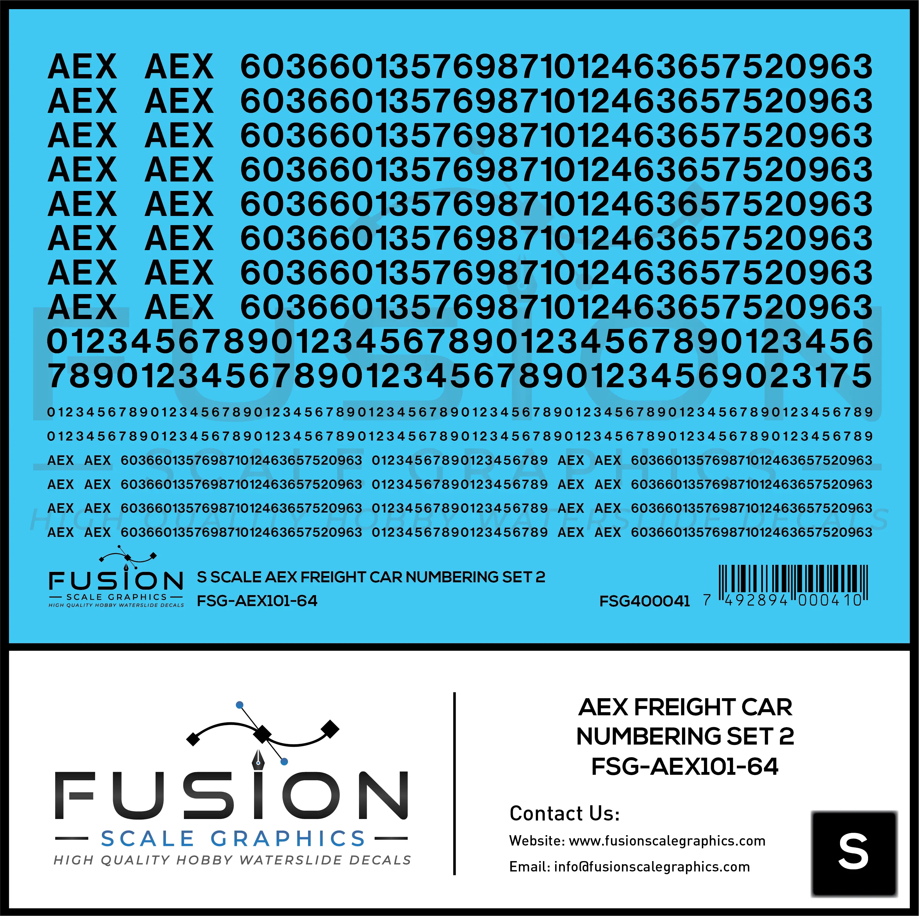 S Scale AEX Freight Car Numbering Set 2 Decal Set Fusion Scale Graphics