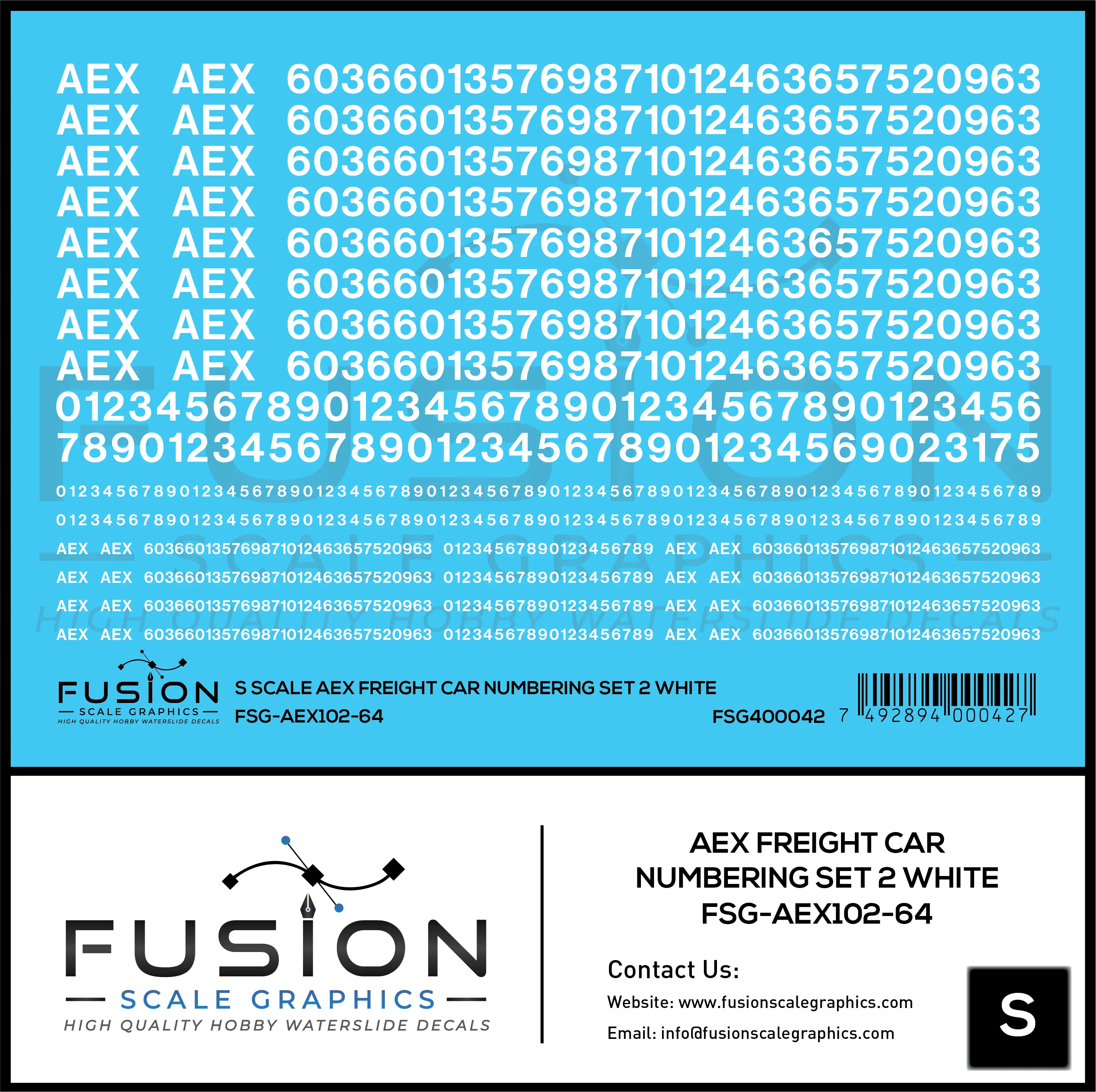 S Scale AEX Freight Car Numbering Set 2 White Decal Set Fusion Scale Graphics