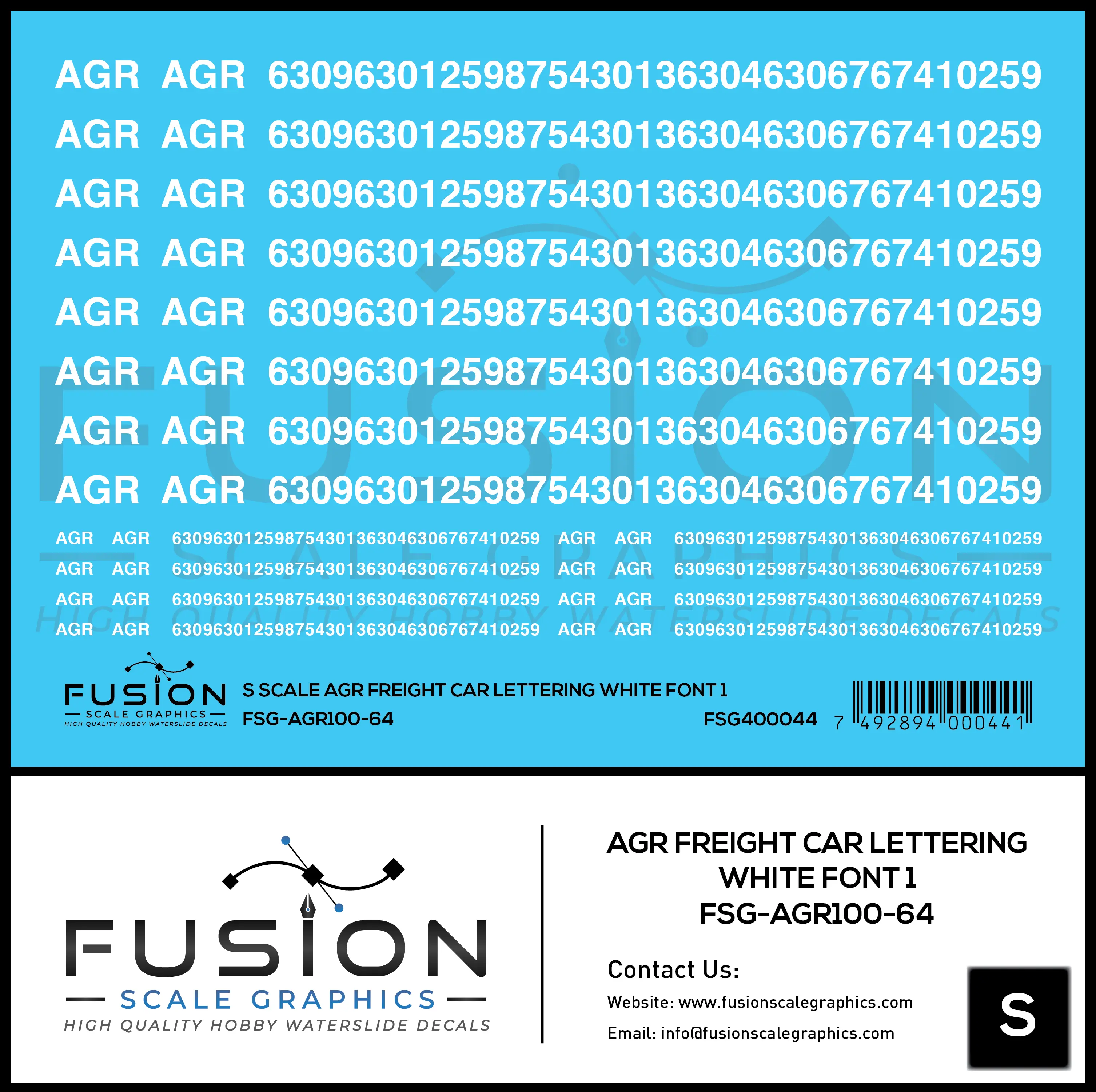 S Scale AGR Freight Car Lettering White Font 1 Decal Set Fusion Scale Graphics