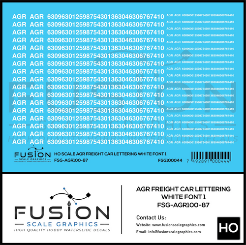 HO Scale AGR White Freight Car Lettering Decal Set Font 1 Fusion Scale Graphics