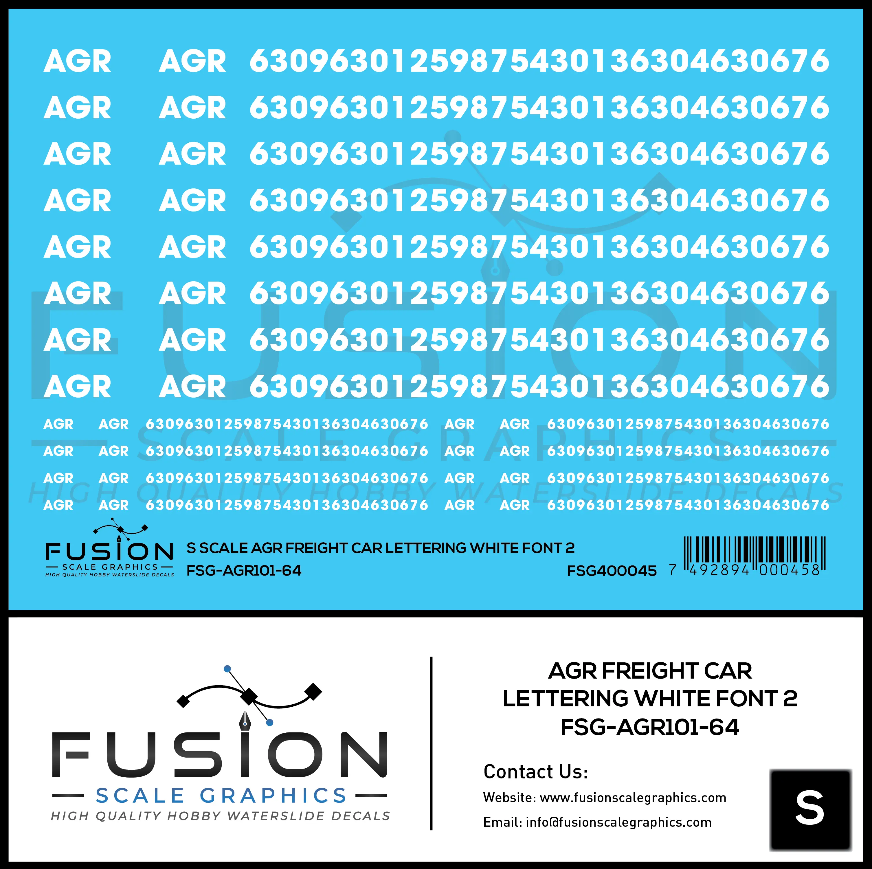 S Scale AGR Freight Car Lettering White Font 2 Decal Set Fusion Scale Graphics