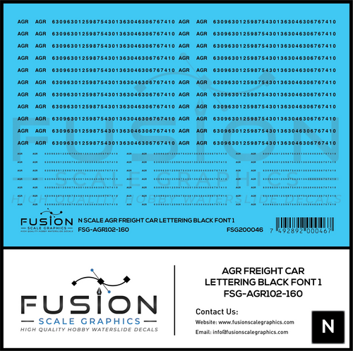 N Scale AGR Freight Car Lettering Black Font 1 Decal Set Fusion Scale Graphics