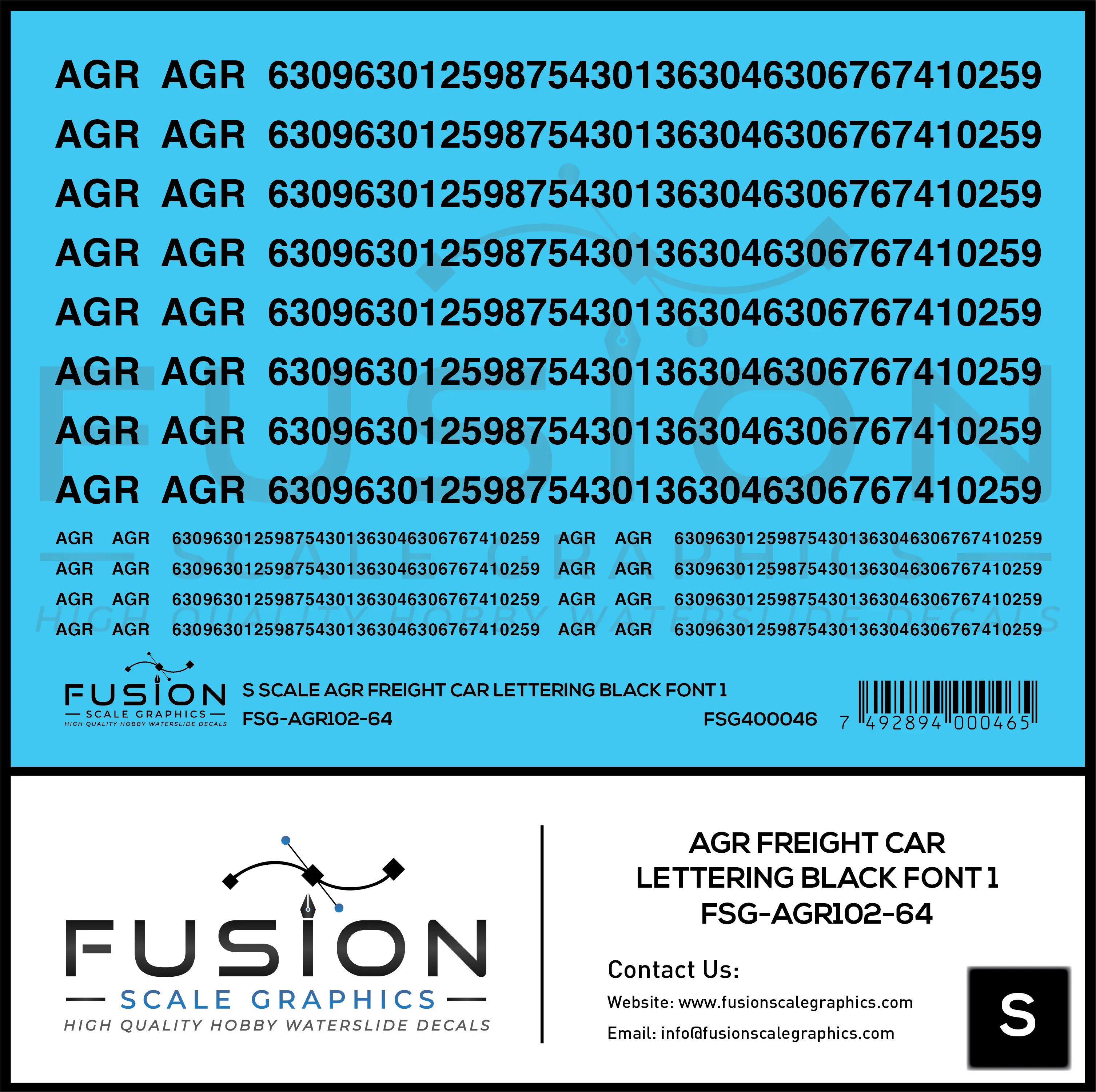 S Scale AGR Freight Car Lettering Black Font 1 Decal Set Fusion Scale Graphics