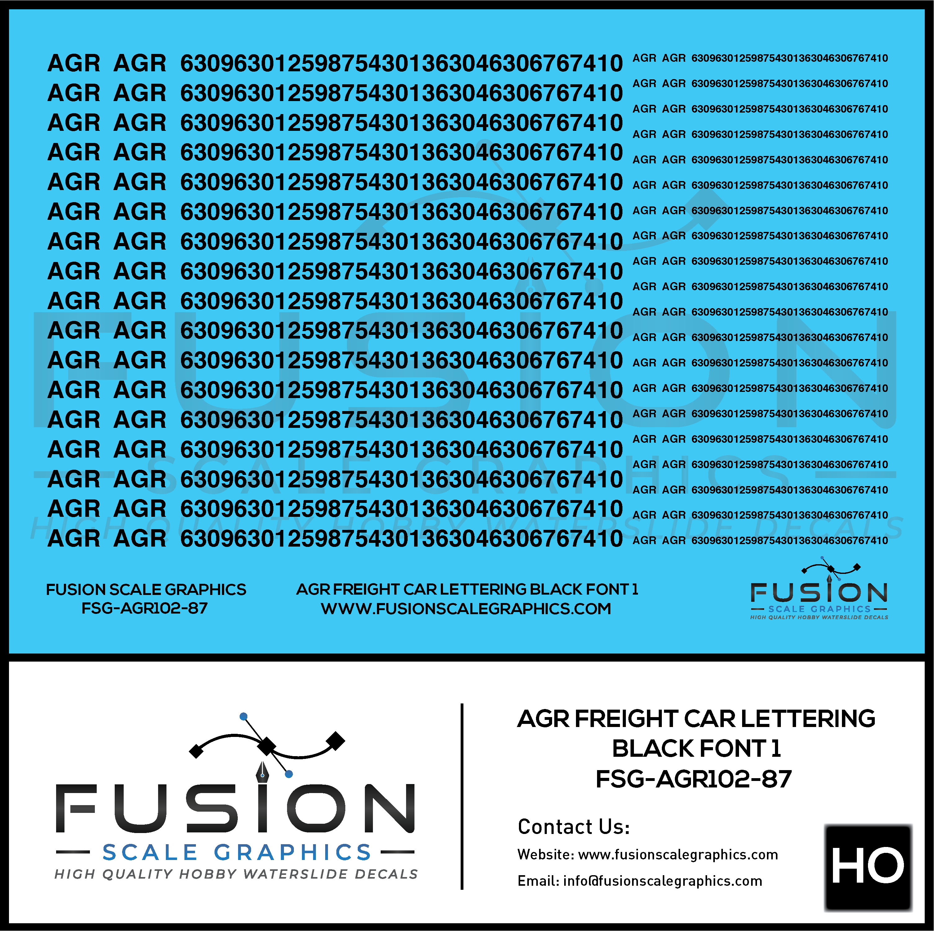 HO Scale AGR Black Freight Car Lettering Decal Set Font 1 Fusion Scale Graphics