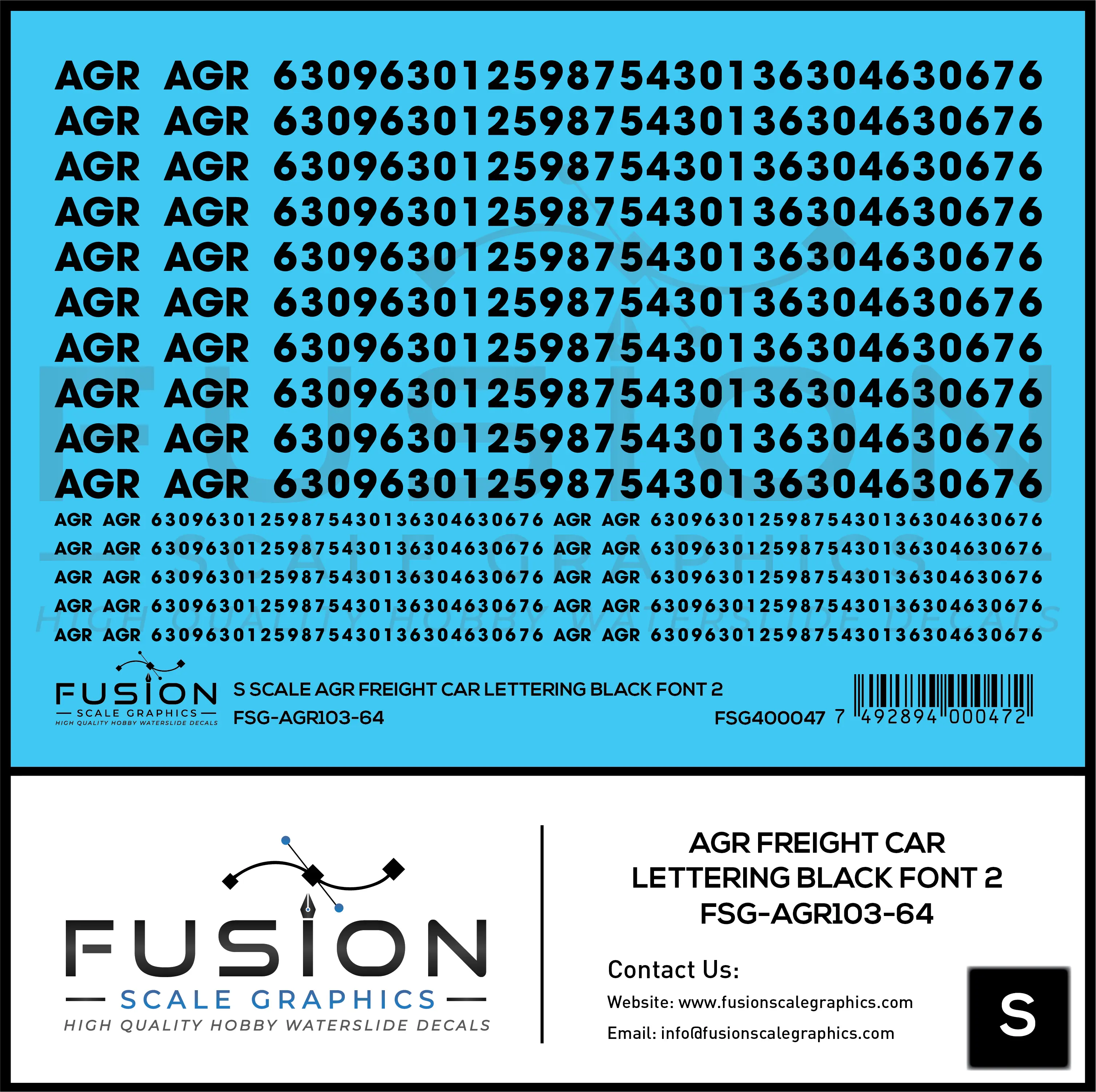 S Scale AGR Black Freight Car Lettering Decal Set Font 2 - Front Range Hobbies