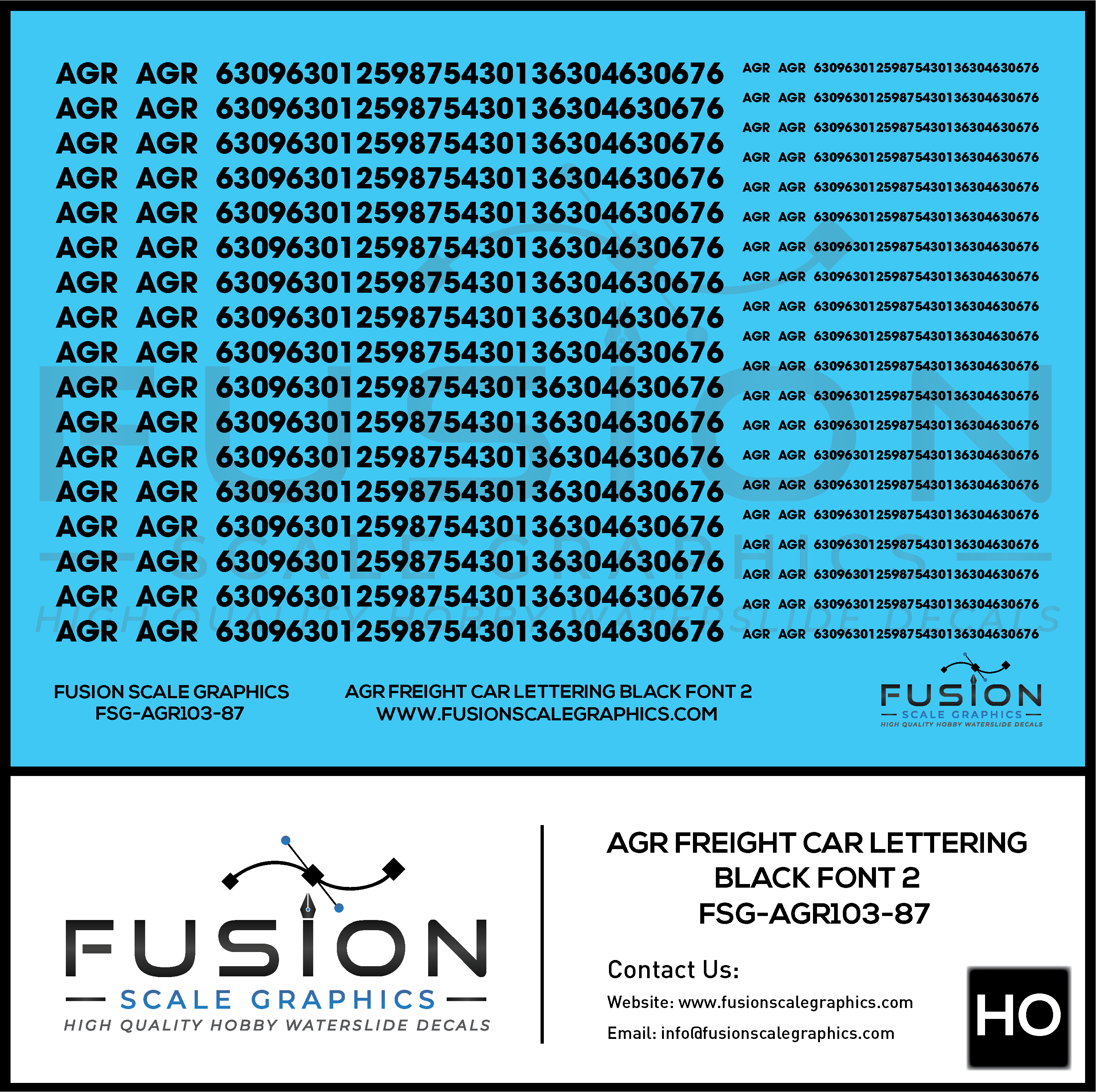 HO Scale AGR Black Freight Car Lettering Decal Set Font 2 Fusion Scale Graphics