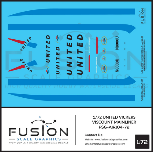 1/72 United Vickers Viscount Mainliner Aircraft Decal Set Fusion Scale Graphics